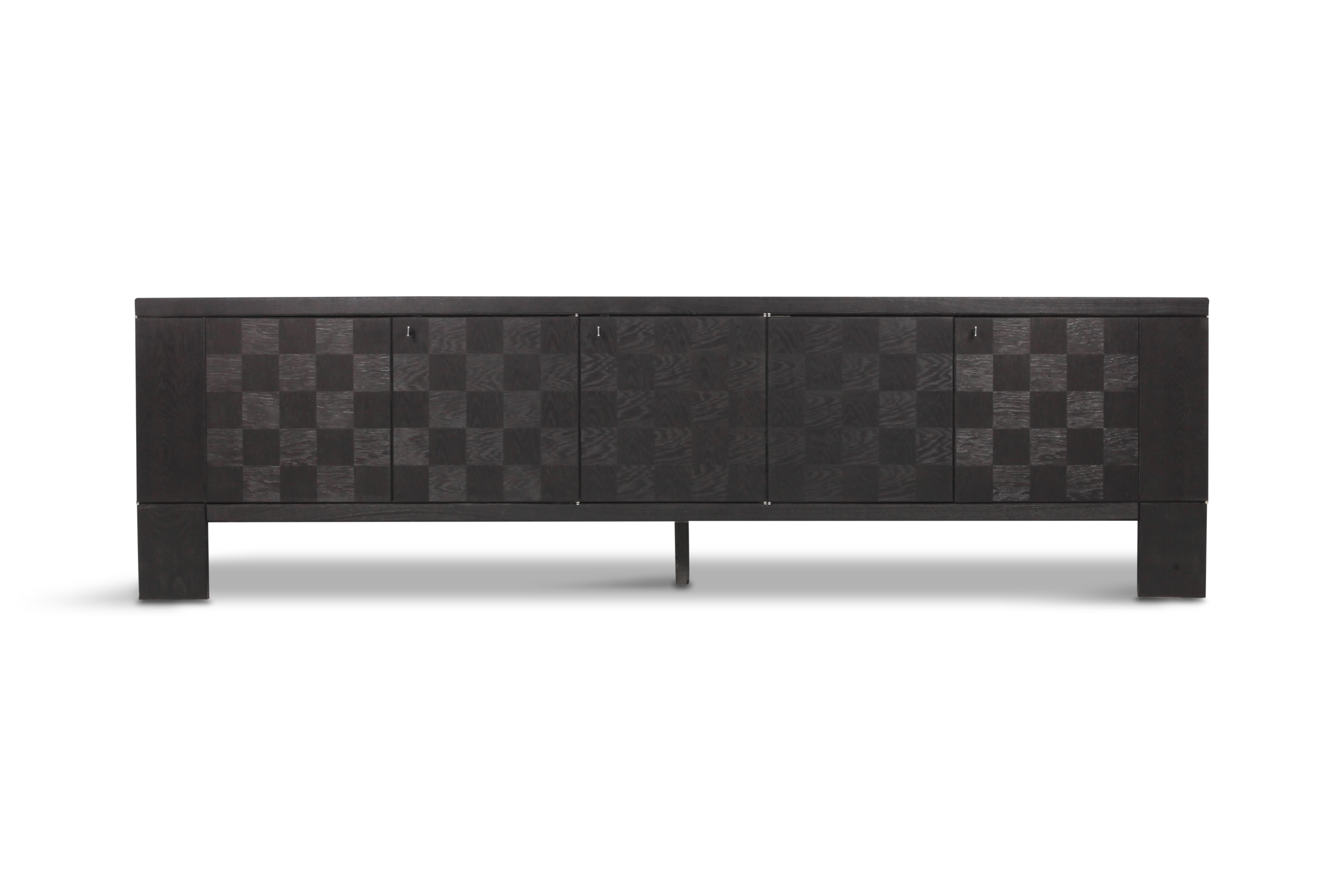 Brutalist Floating Credenza in Stained Oak with Geometric Doors by De Coene - 1970s