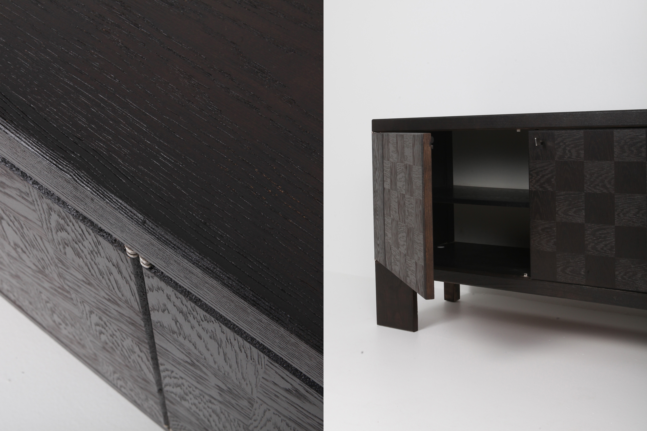 Brutalist Floating Credenza in Stained Oak with Geometric Doors by De Coene - 1970s