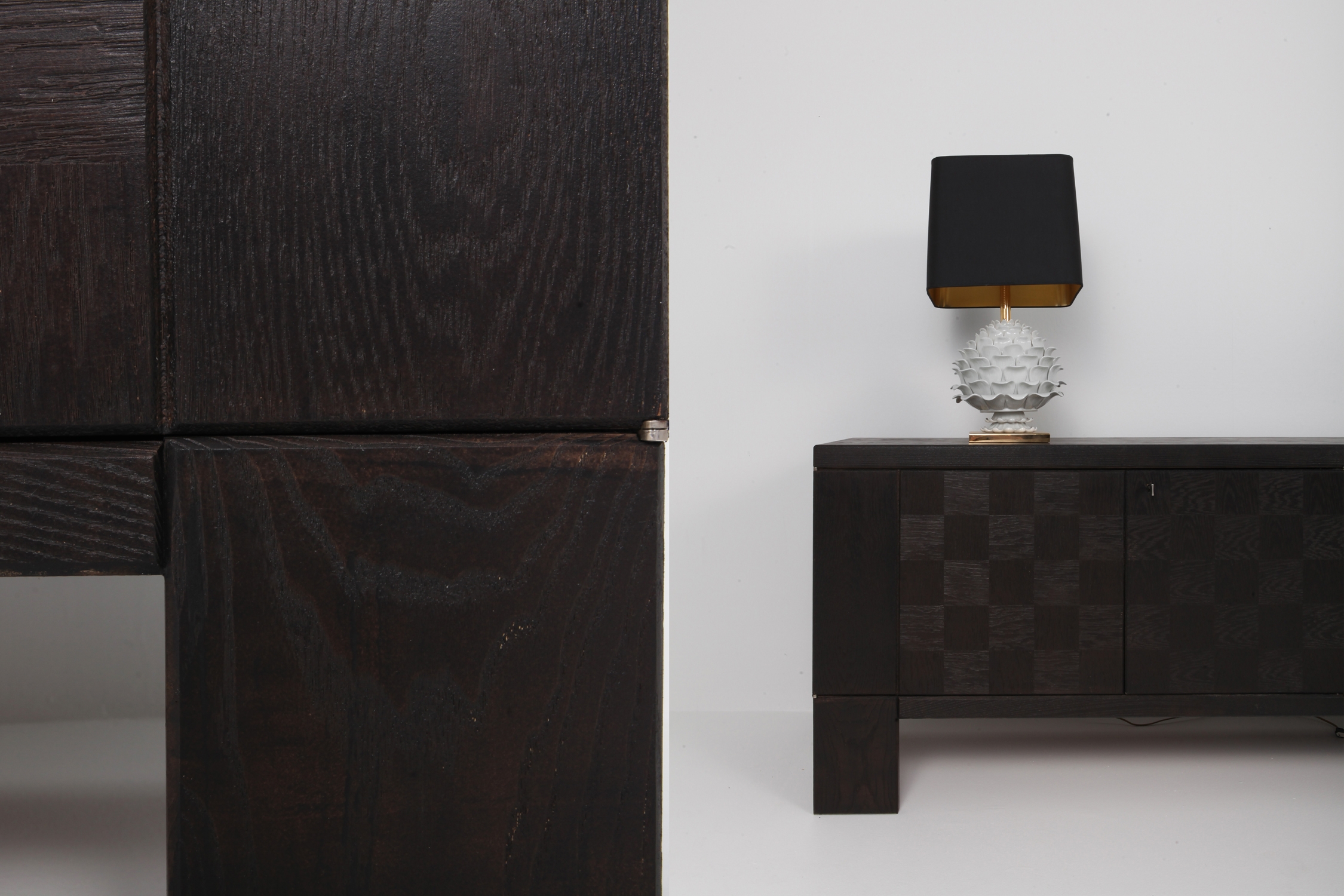 Brutalist Floating Credenza in Stained Oak with Geometric Doors by De Coene - 1970s
