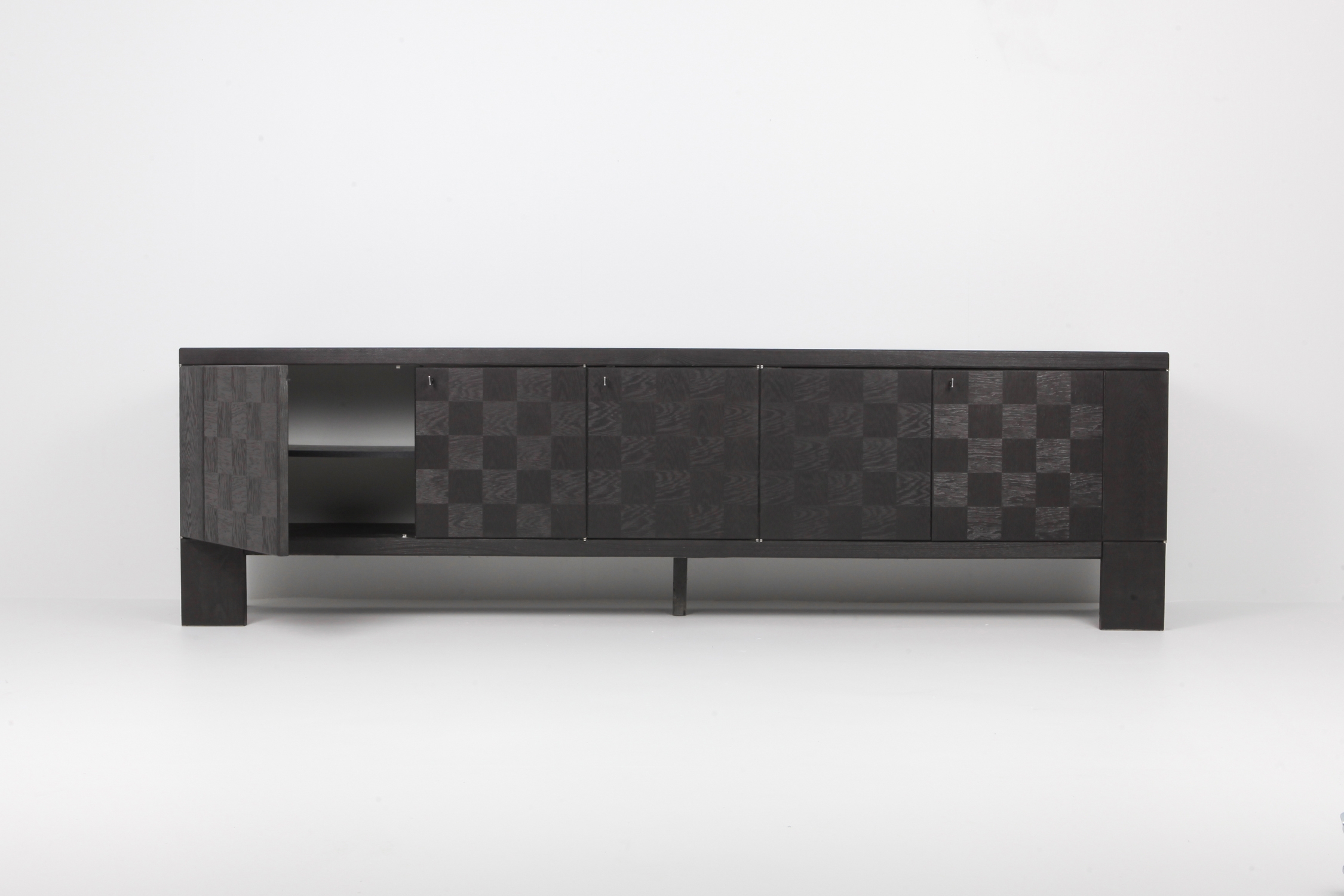 Brutalist Floating Credenza in Stained Oak with Geometric Doors by De Coene - 1970s
