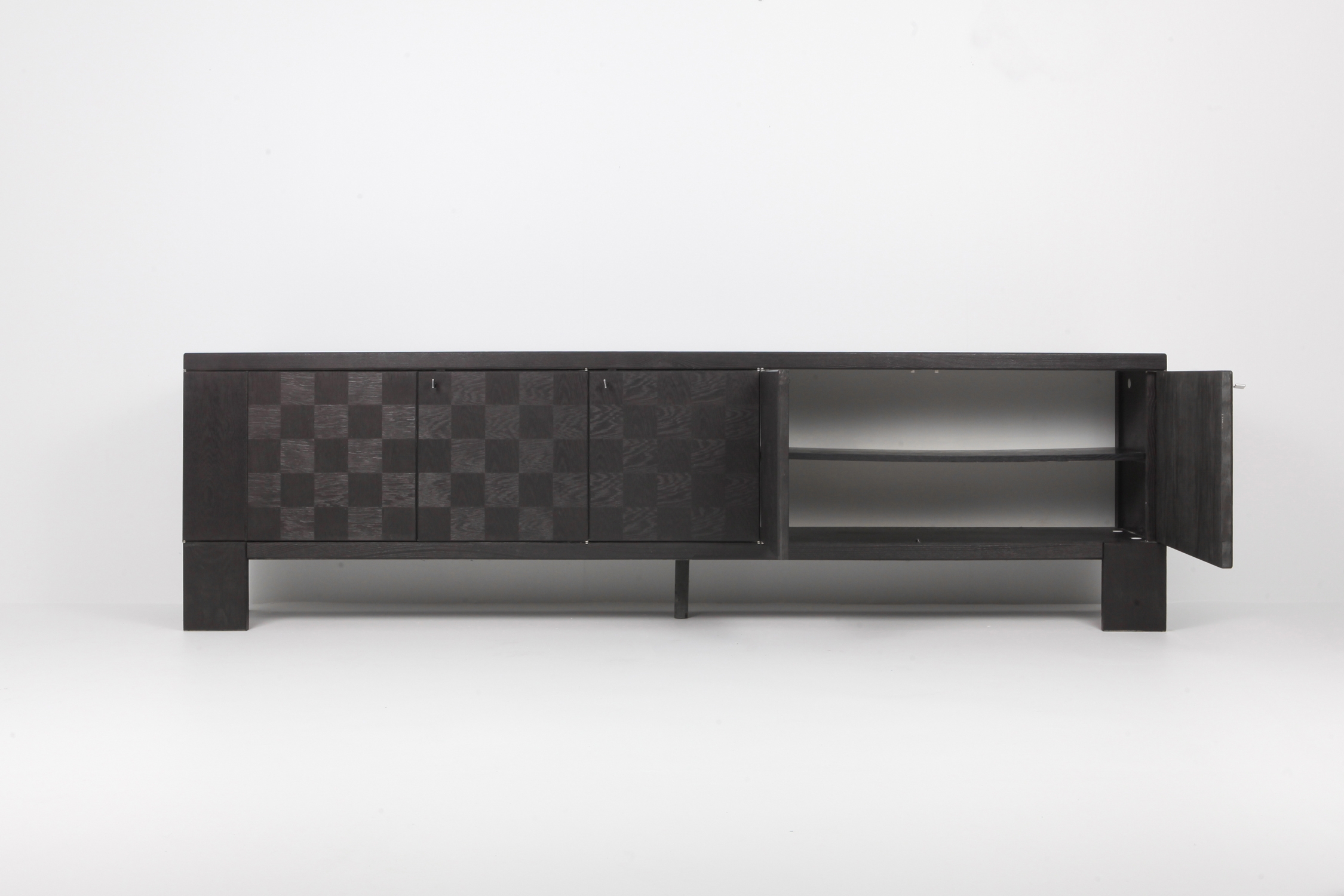 Brutalist Floating Credenza in Stained Oak with Geometric Doors by De Coene - 1970s