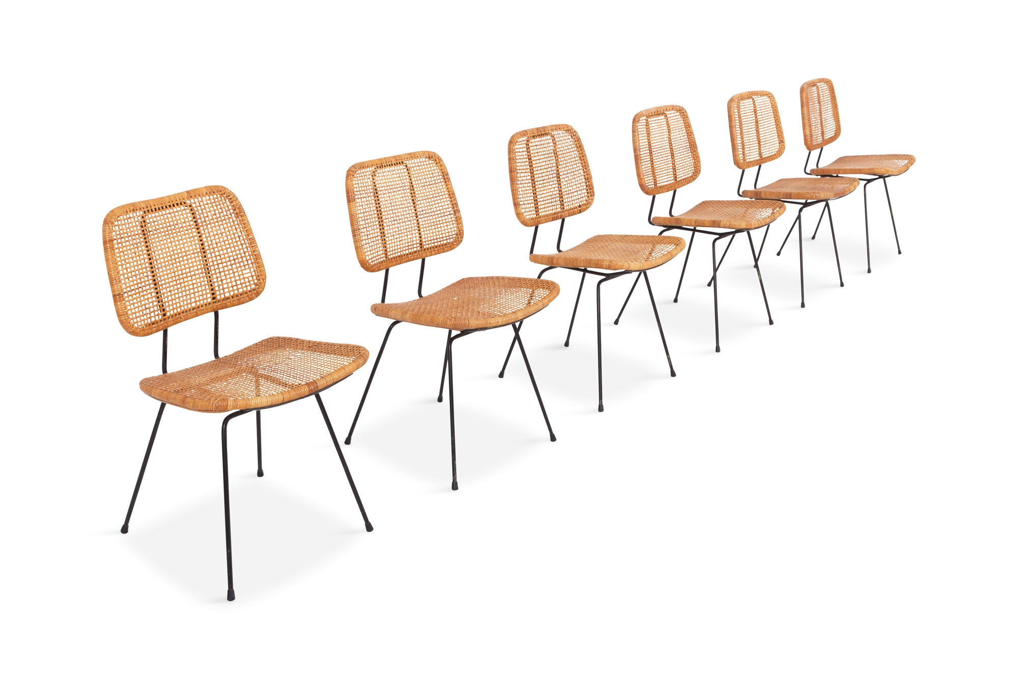 Cane & Black Metal Tropical Dining Chairs - 1950s