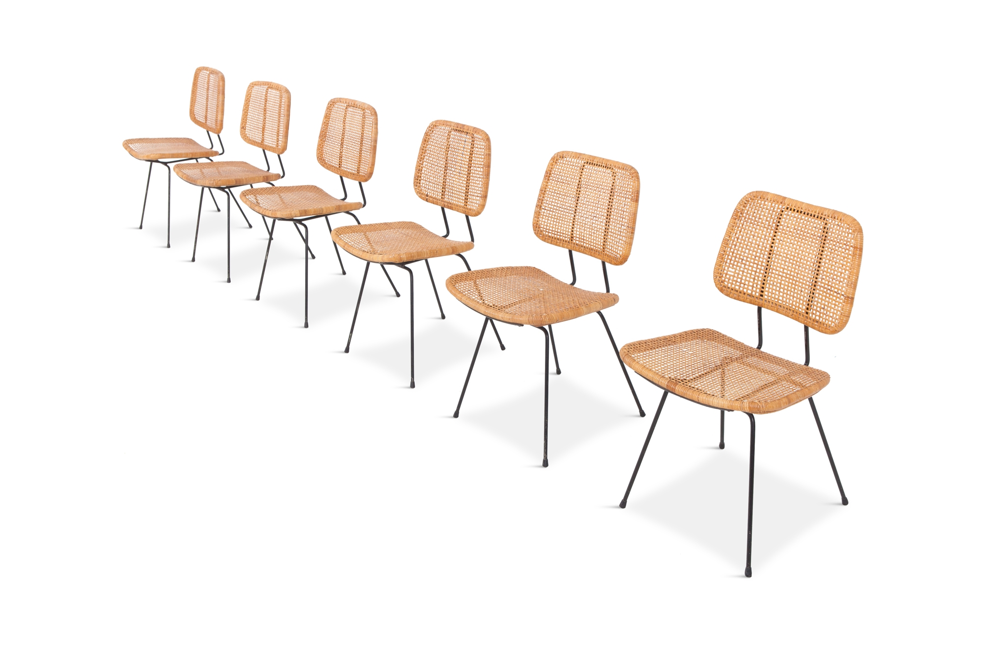 Cane & Black Metal Tropical Dining Chairs - 1950s
