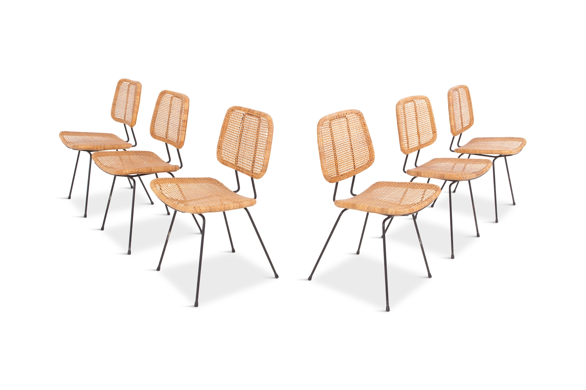 Cane & Black Metal Tropical Dining Chairs - 1950s