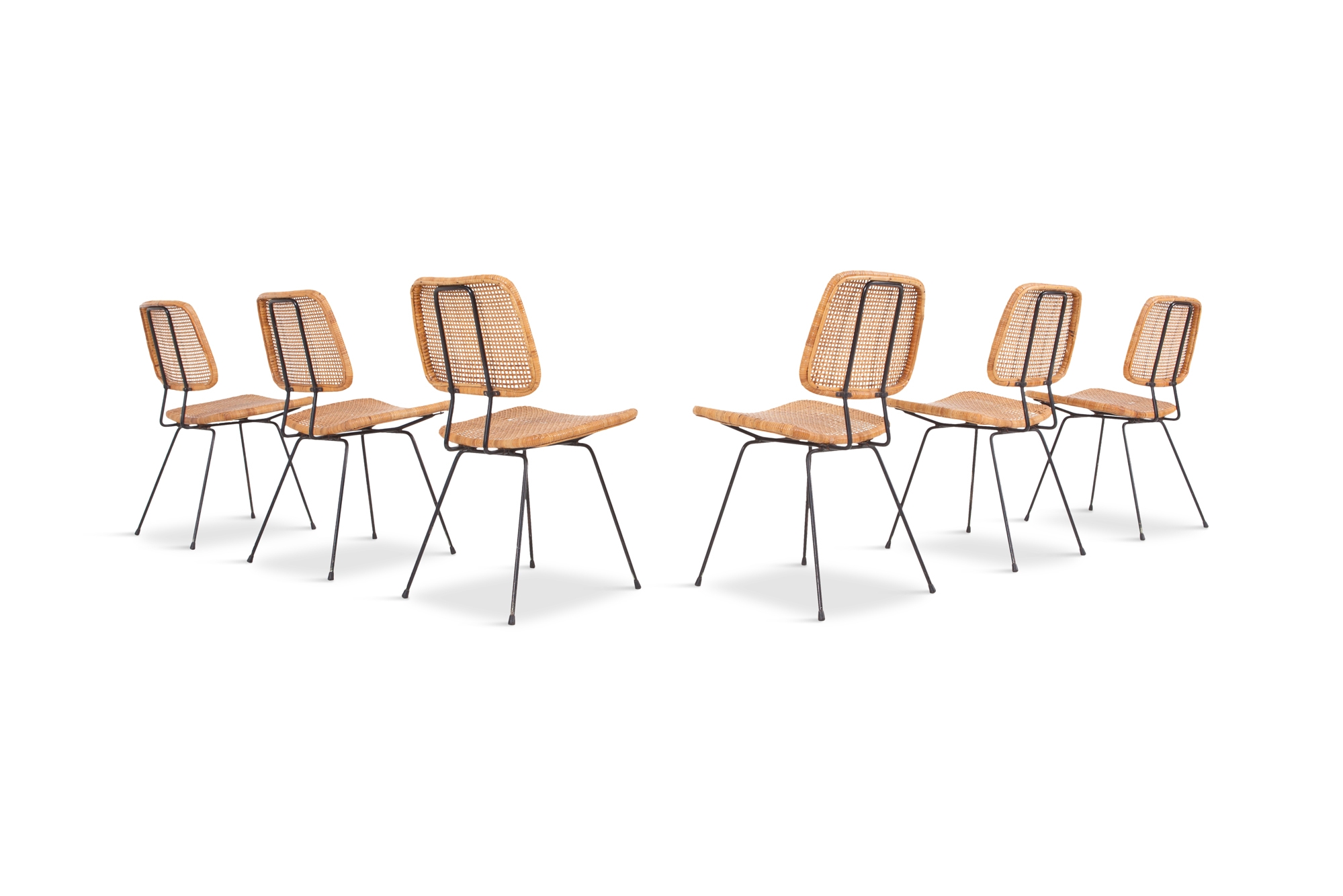 Cane & Black Metal Tropical Dining Chairs - 1950s