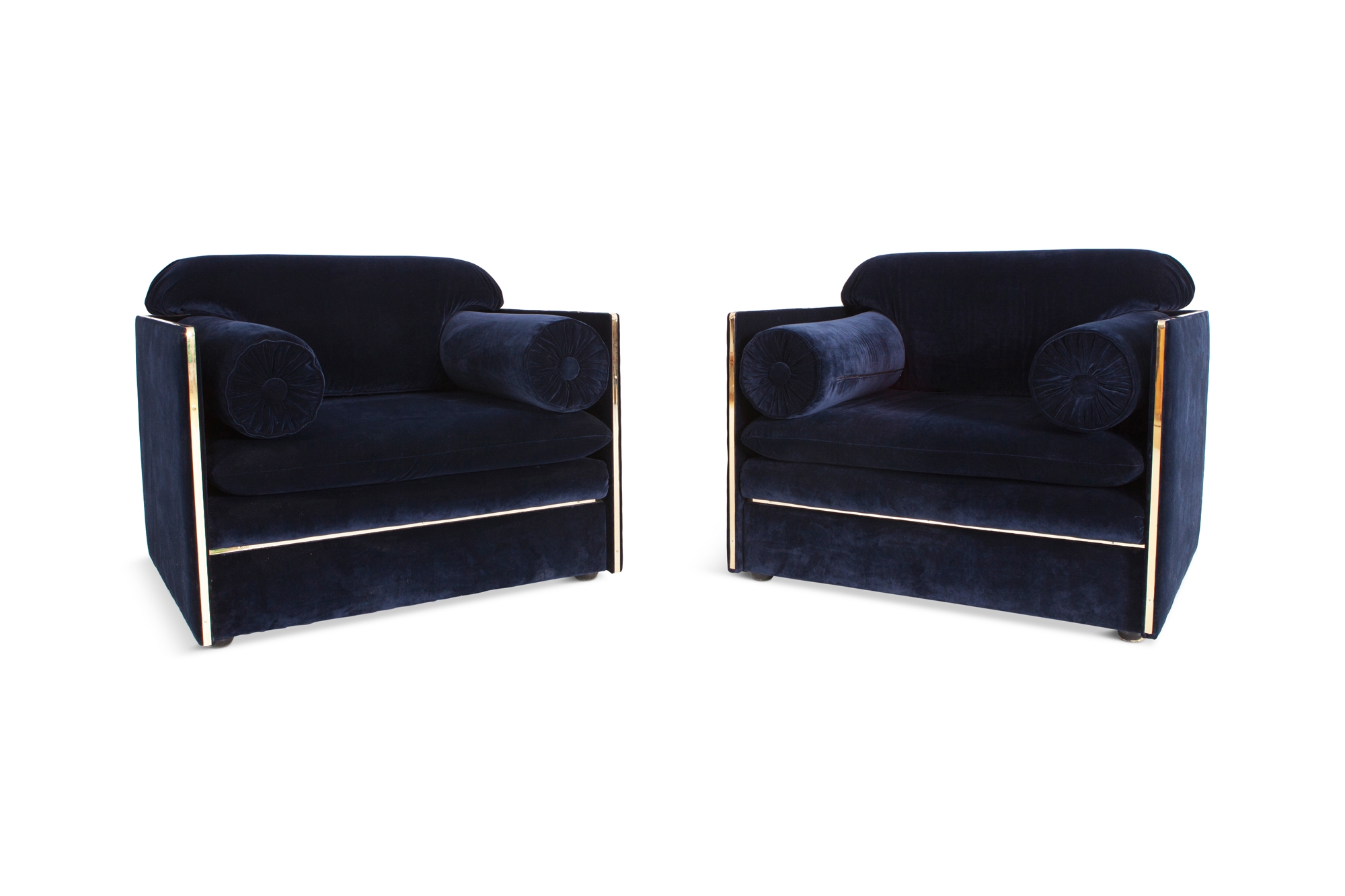Italian Glam Armchairs In Dark Blue Velvet & Brass   - 1970s