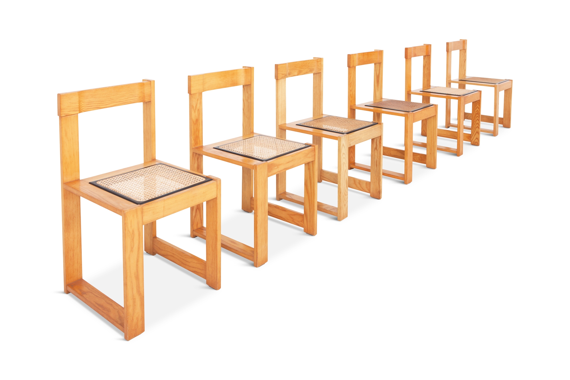 Architectural & Asymmetrical Dining Chairs In Pine & Wicker - 1970s