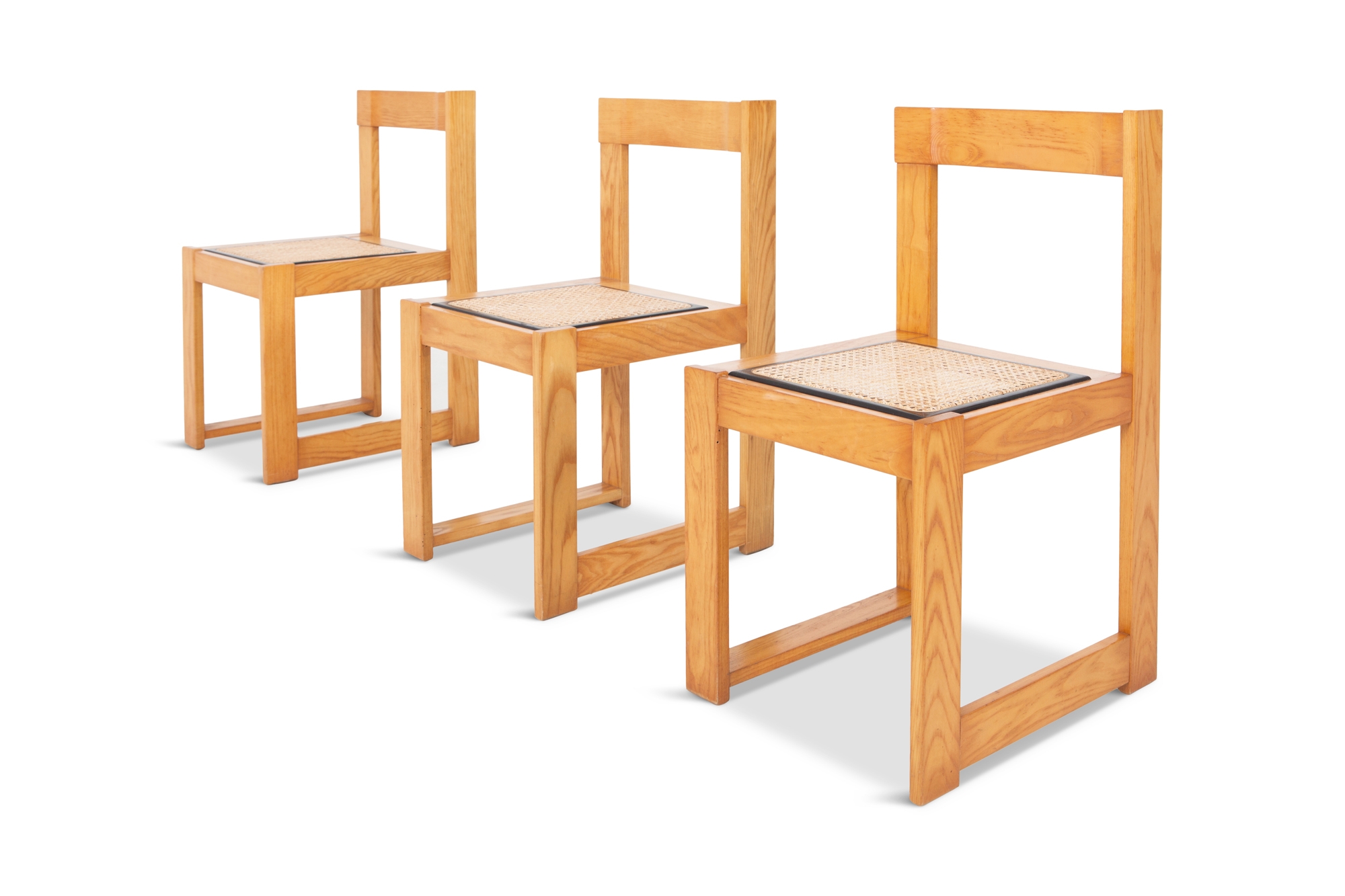 Architectural & Asymmetrical Dining Chairs In Pine & Wicker - 1970s