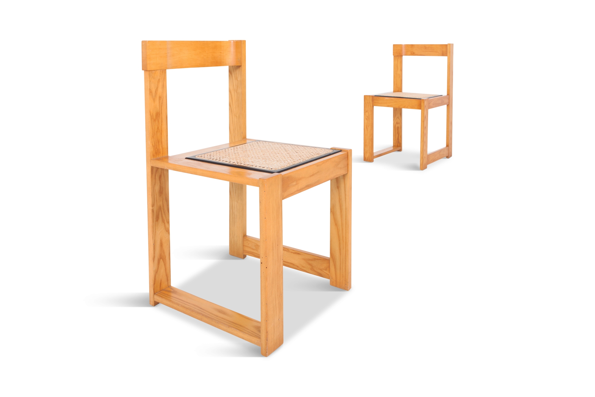 Architectural & Asymmetrical Dining Chairs In Pine & Wicker - 1970s