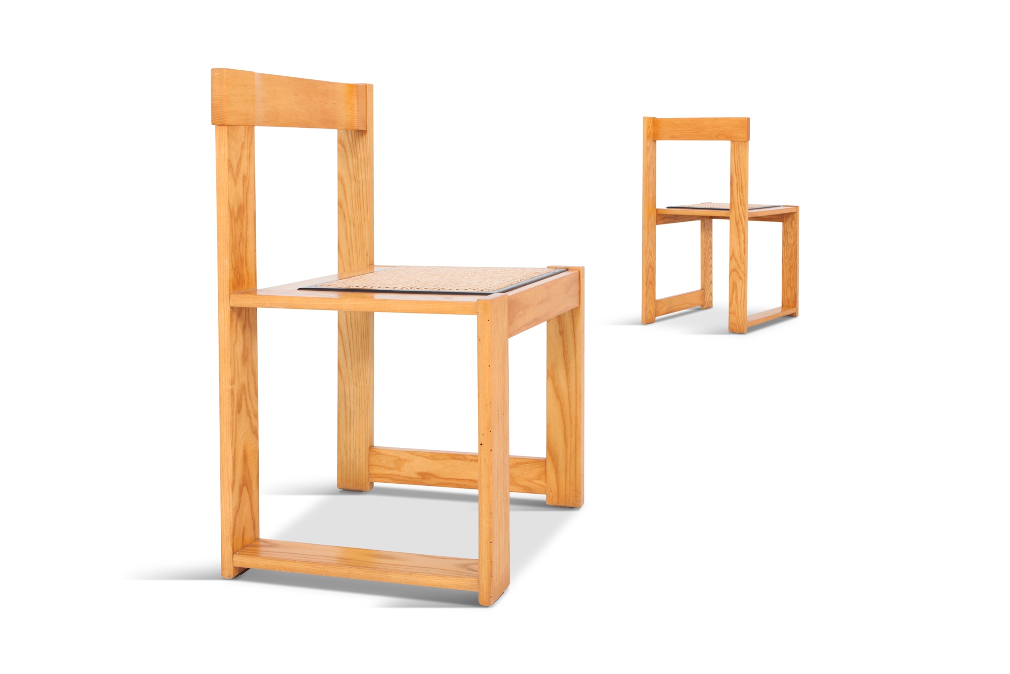 Architectural & Asymmetrical Dining Chairs In Pine & Wicker - 1970s