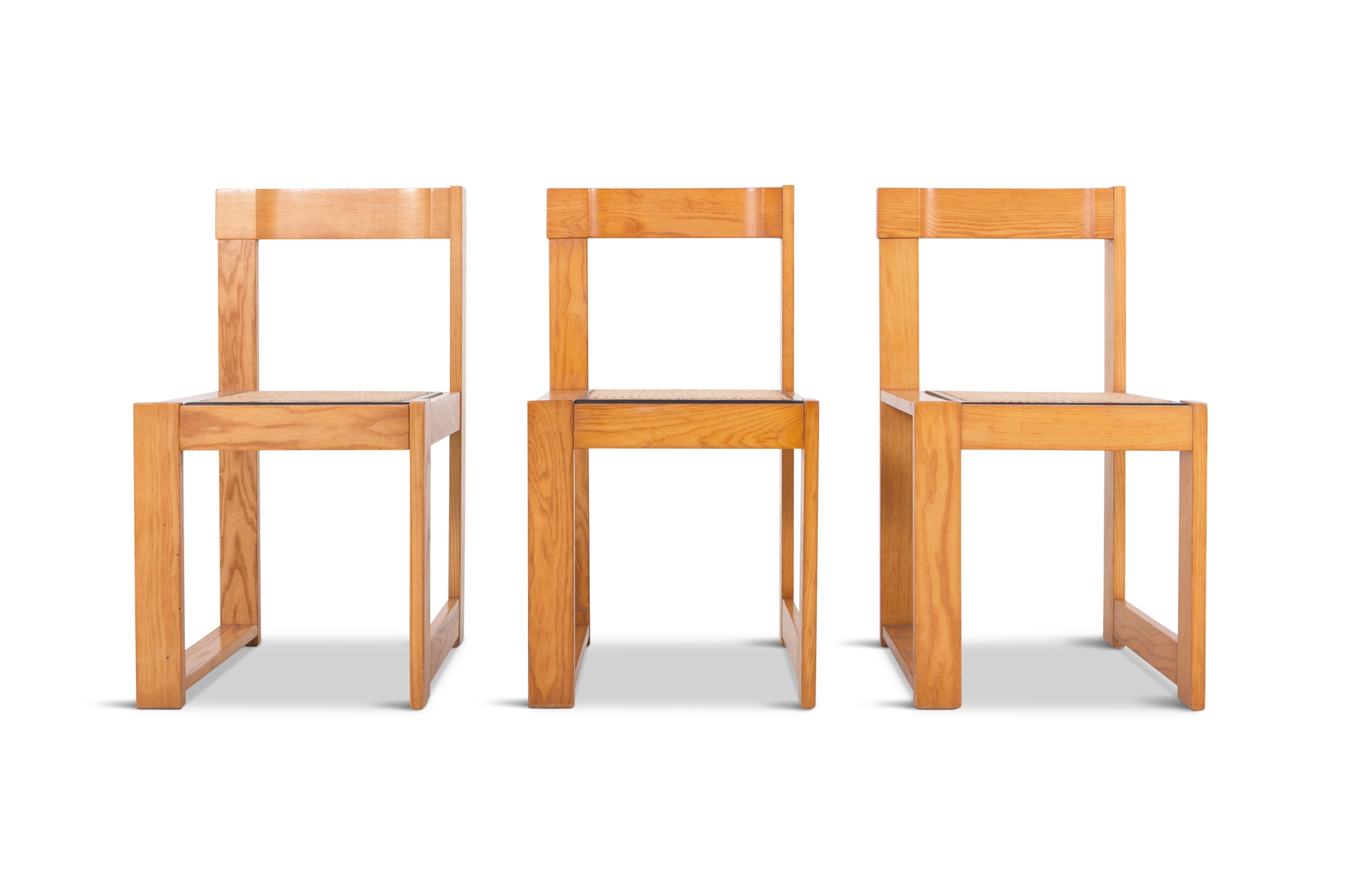 Architectural & Asymmetrical Dining Chairs In Pine & Wicker - 1970s