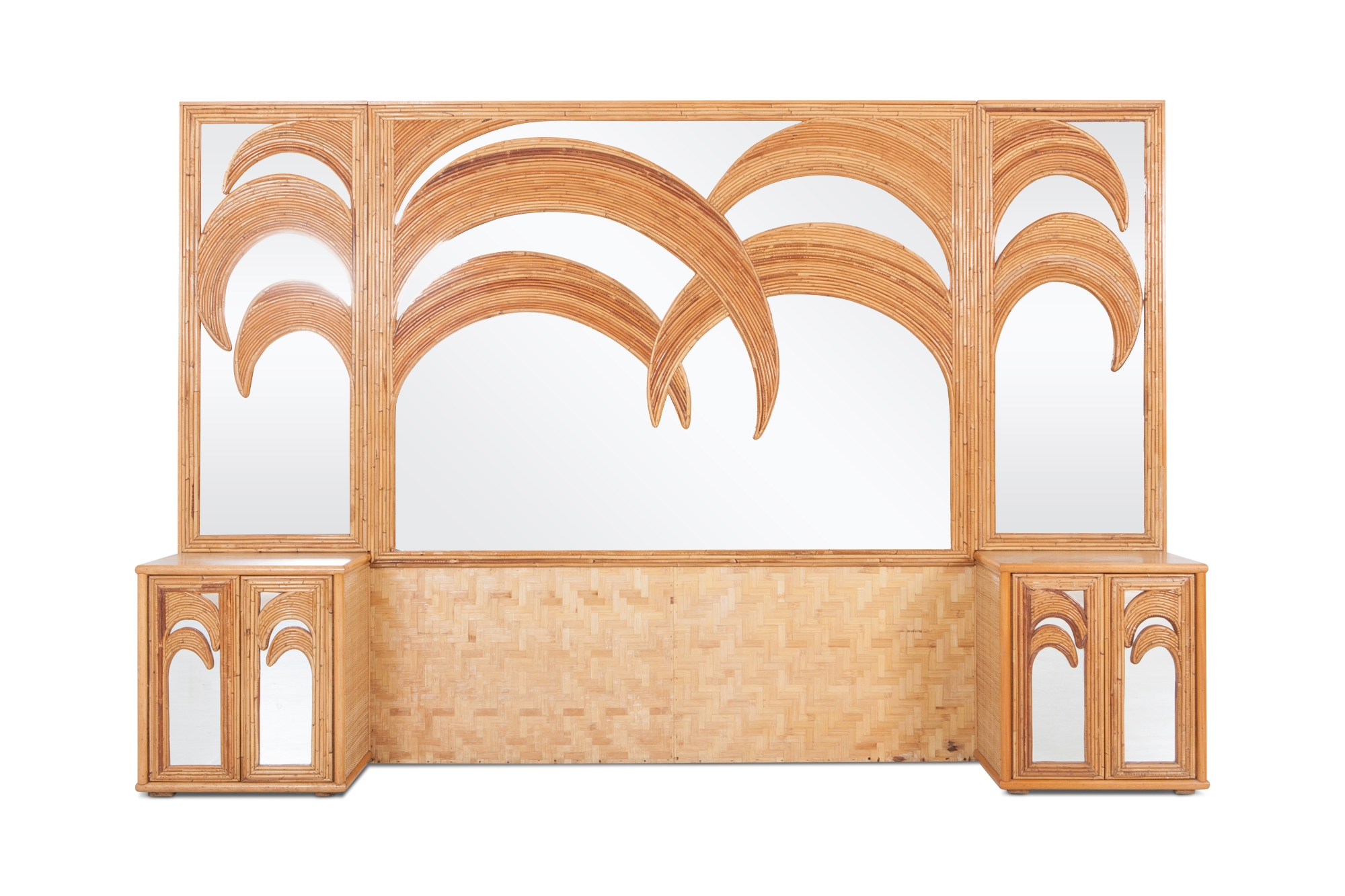 Vivai del Sud Tropical Bamboo and Rattan Palm Tree Mirror with Cabinets - 1970s