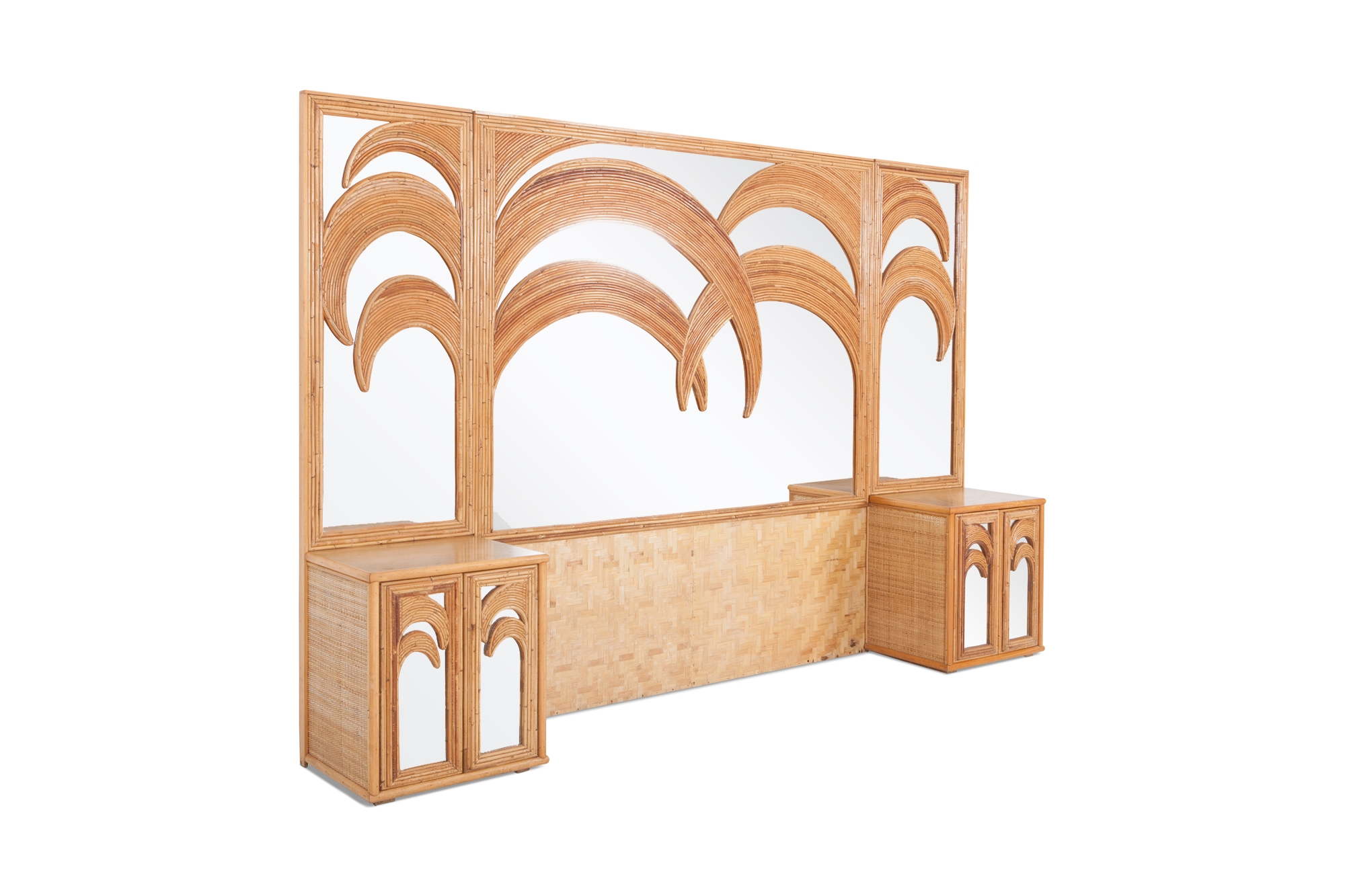 Vivai del Sud Tropical Bamboo and Rattan Palm Tree Mirror with Cabinets - 1970s