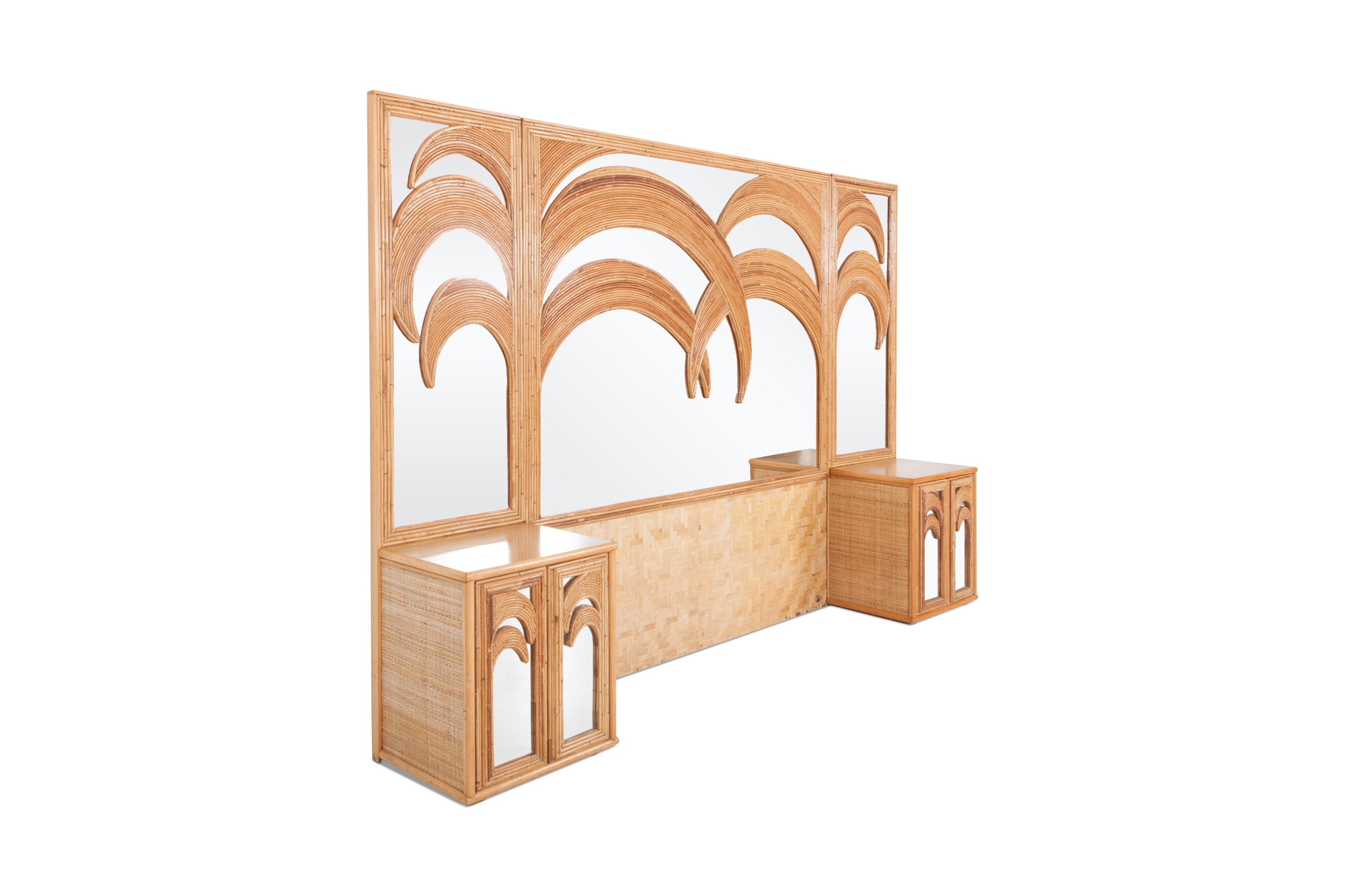 Vivai del Sud Tropical Bamboo and Rattan Palm Tree Mirror with Cabinets - 1970s