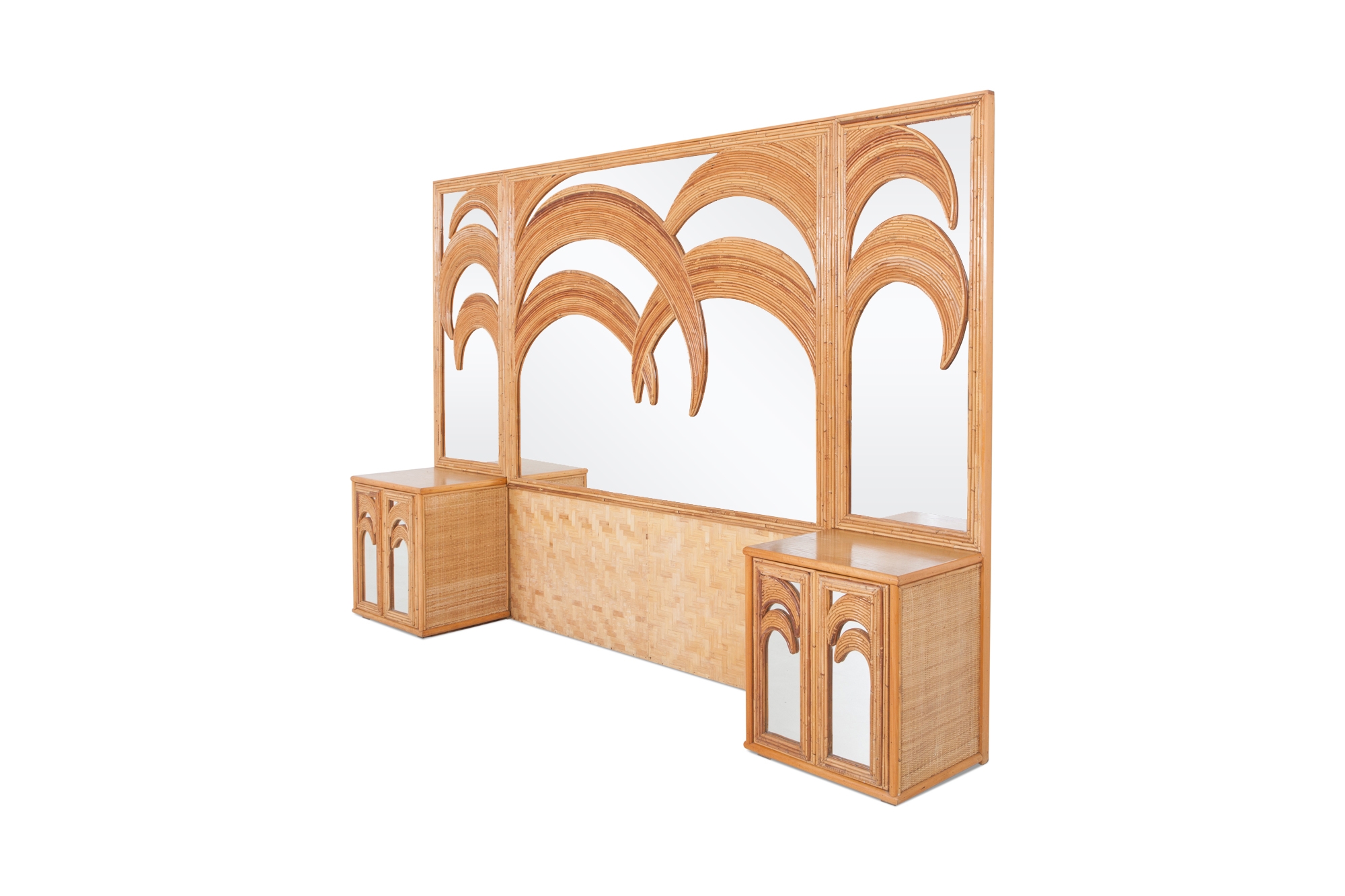 Vivai del Sud Tropical Bamboo and Rattan Palm Tree Mirror with Cabinets - 1970s