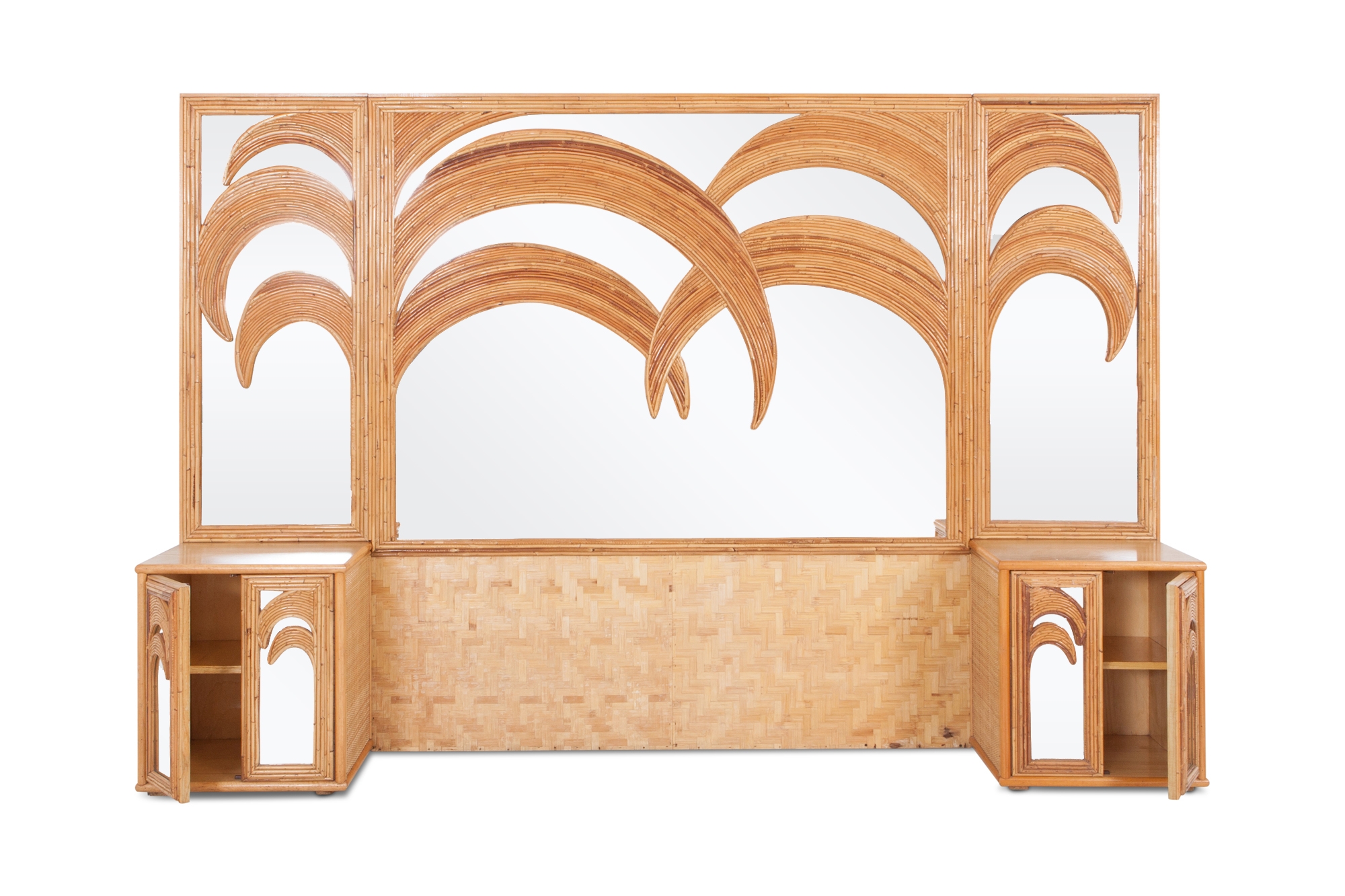 Vivai del Sud Tropical Bamboo and Rattan Palm Tree Mirror with Cabinets - 1970s