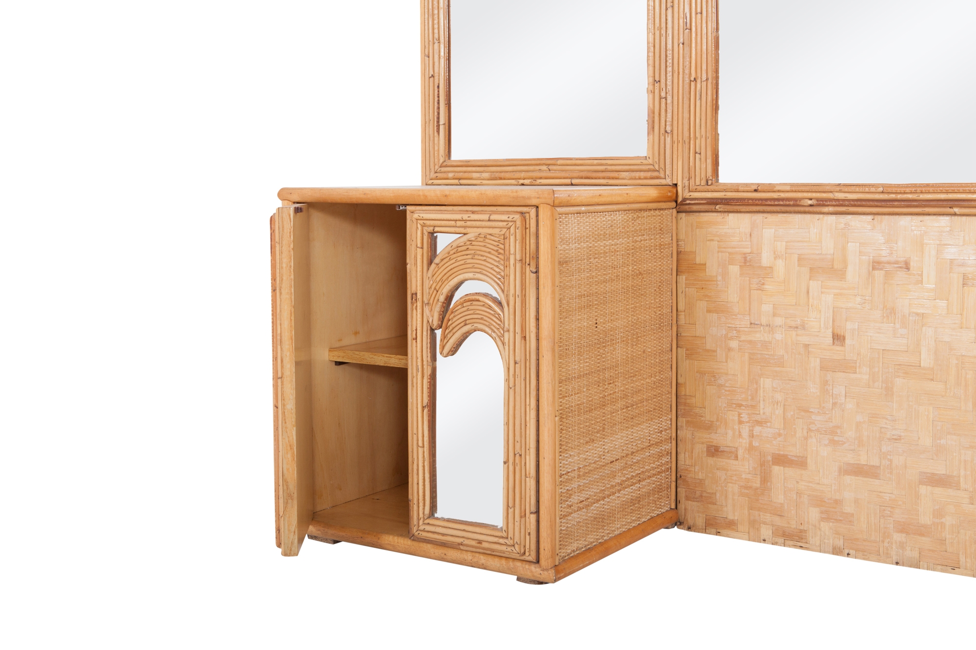 Vivai del Sud Tropical Bamboo and Rattan Palm Tree Mirror with Cabinets - 1970s