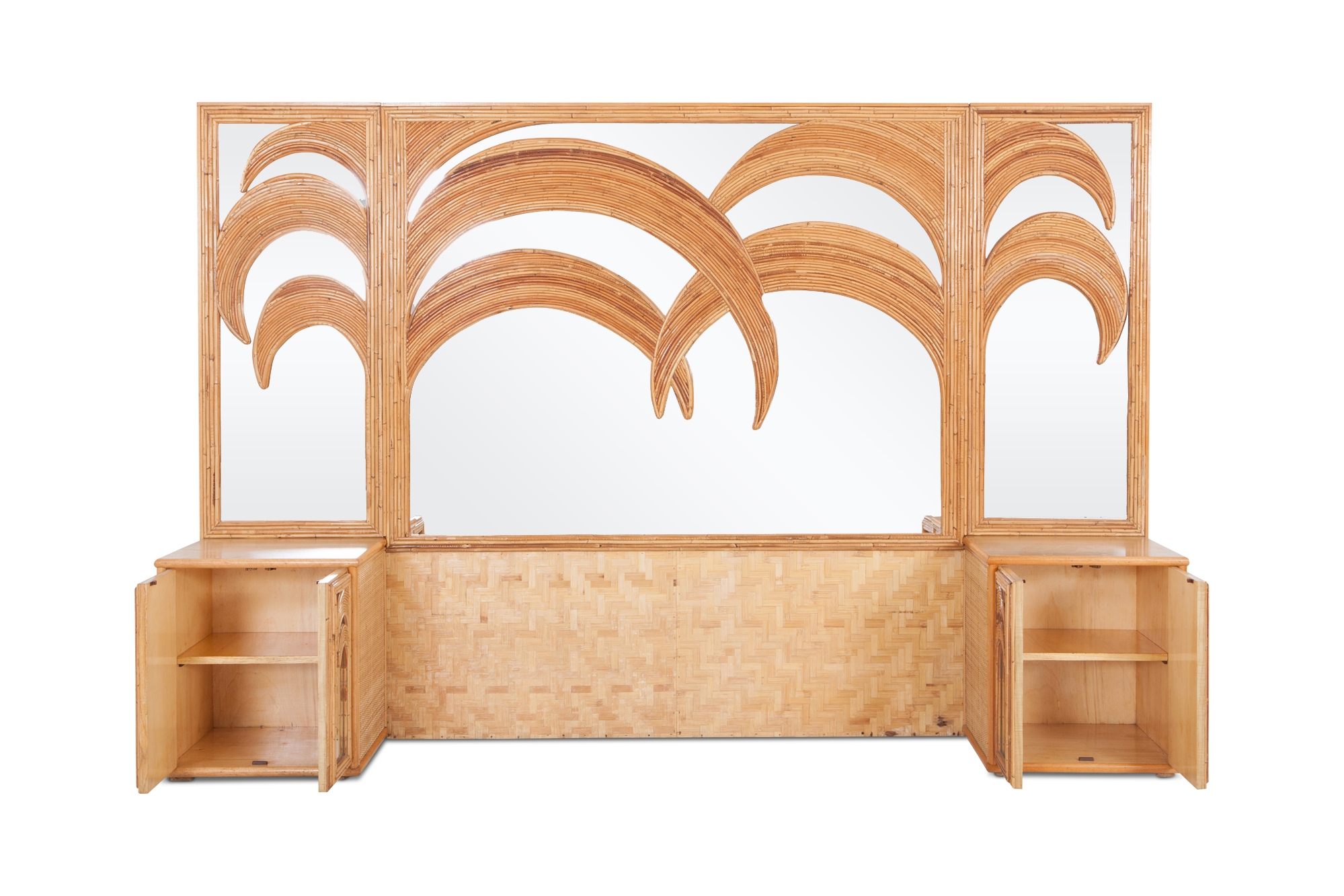 Vivai del Sud Tropical Bamboo and Rattan Palm Tree Mirror with Cabinets - 1970s