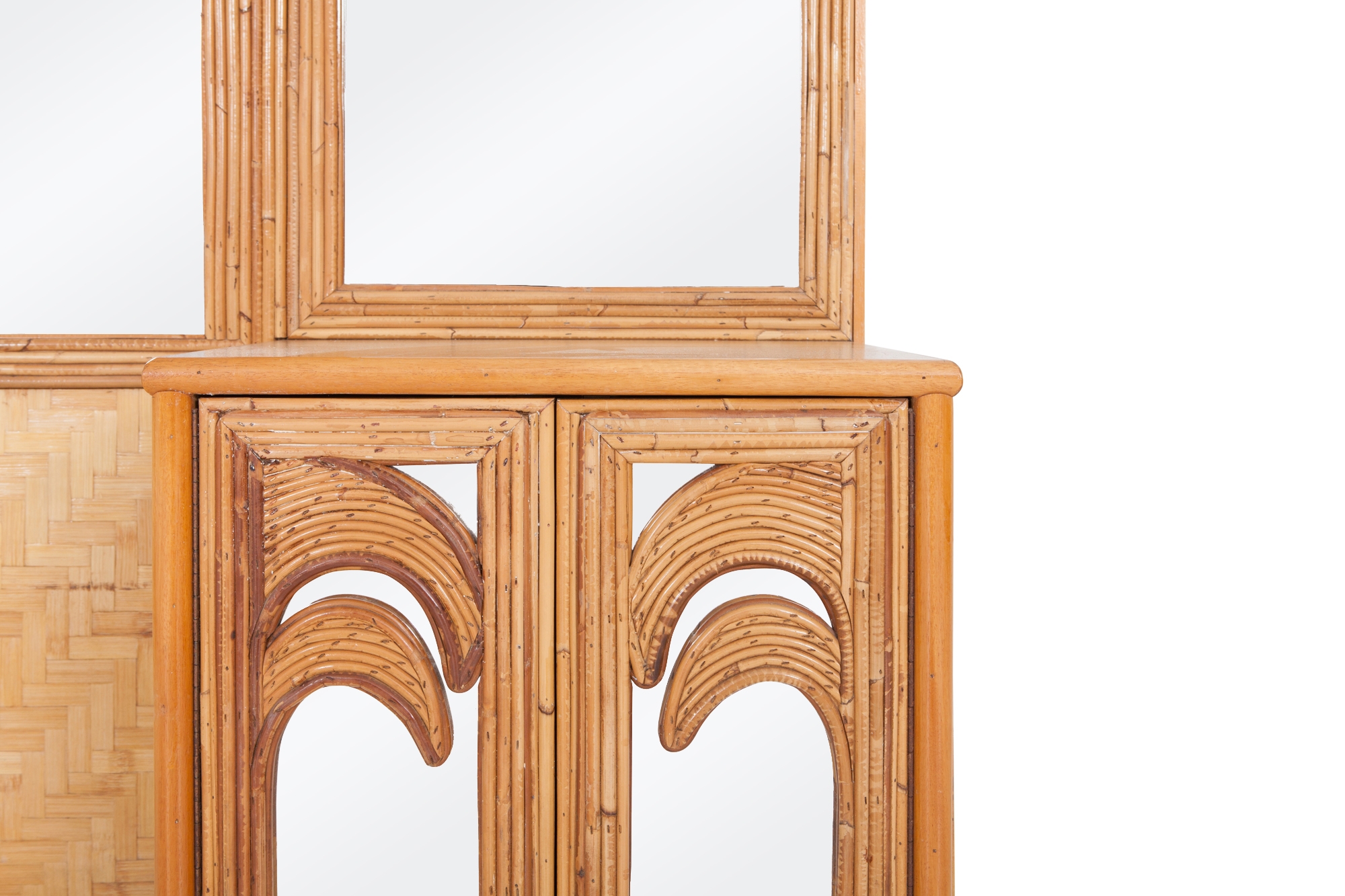 Vivai del Sud Tropical Bamboo and Rattan Palm Tree Mirror with Cabinets - 1970s