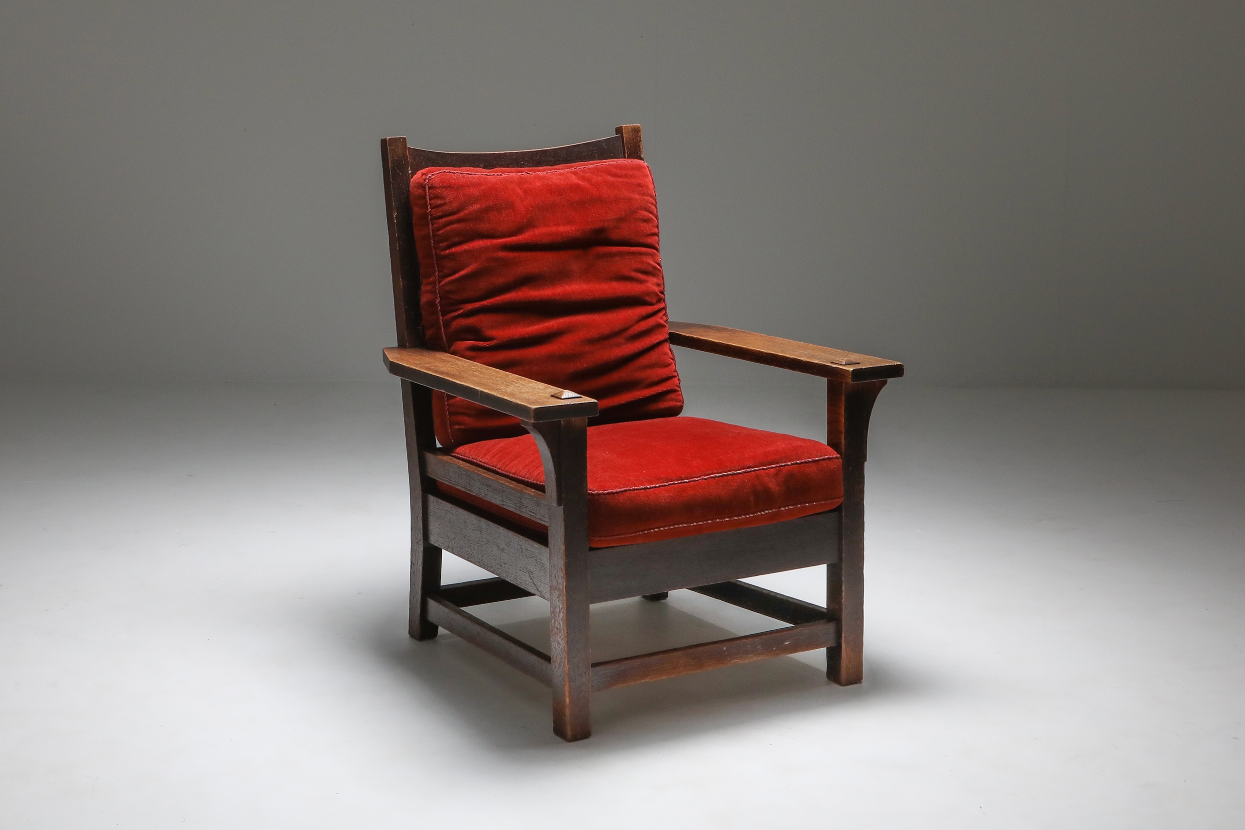 Gustav Stickley Oak Armchair with Red Velvet - 1900s