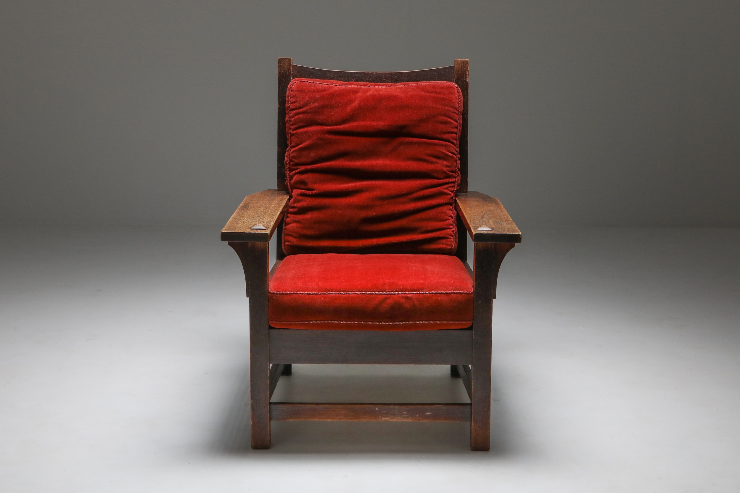 Gustav Stickley Oak Armchair with Red Velvet - 1900s
