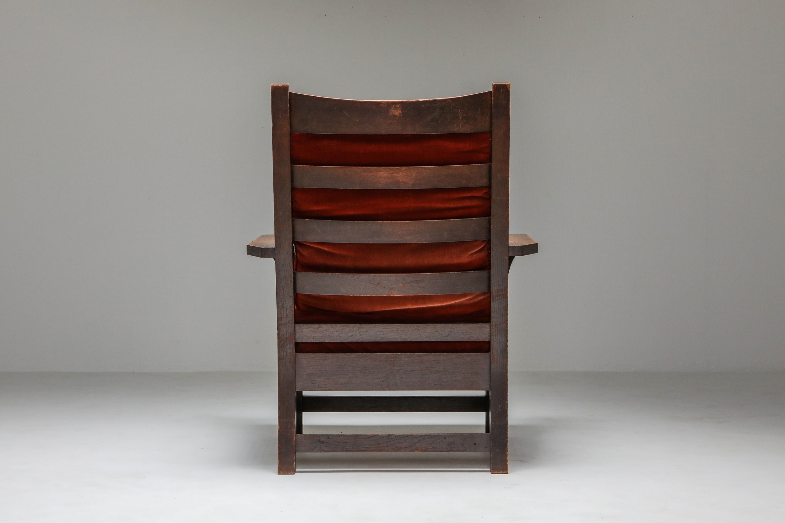 Gustav Stickley Oak Armchair with Red Velvet - 1900s