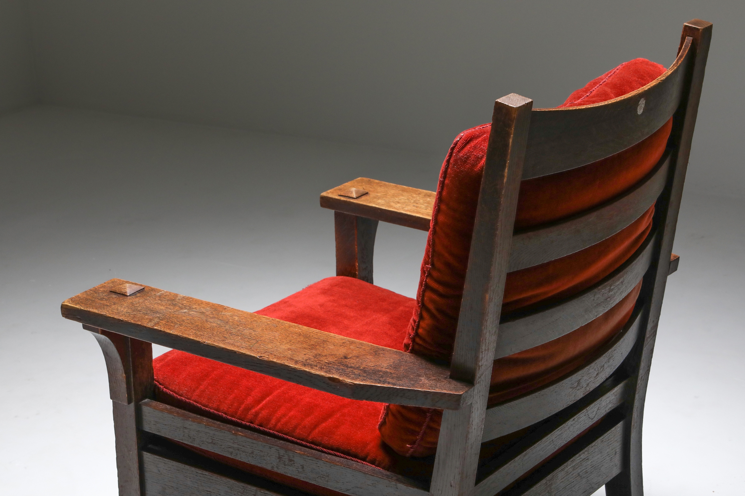 Gustav Stickley Oak Armchair with Red Velvet - 1900s