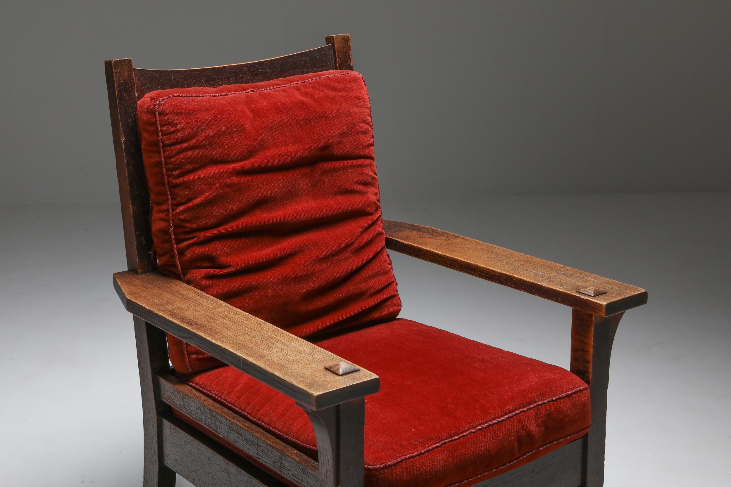 Gustav Stickley Oak Armchair with Red Velvet - 1900s