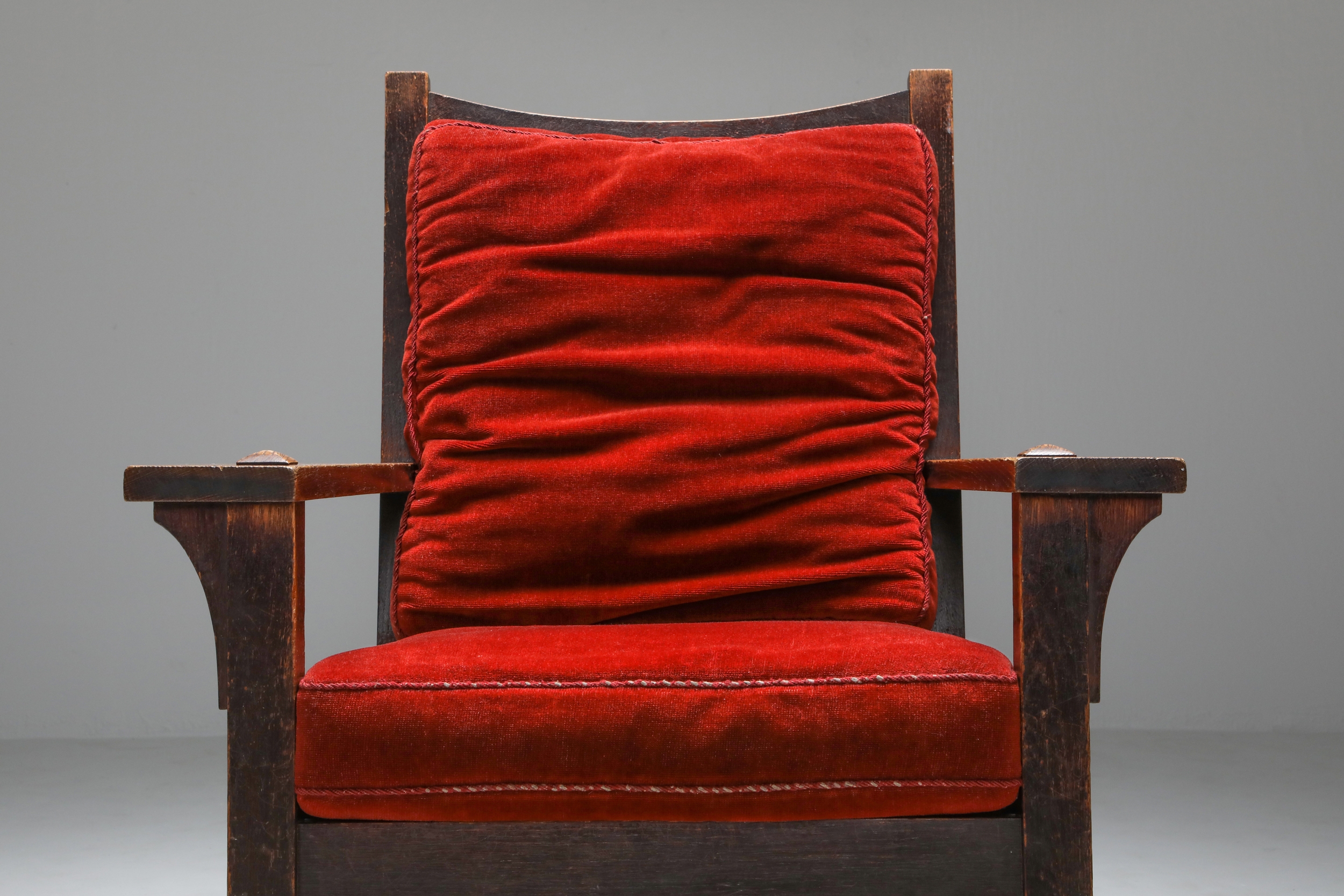 Gustav Stickley Oak Armchair with Red Velvet - 1900s