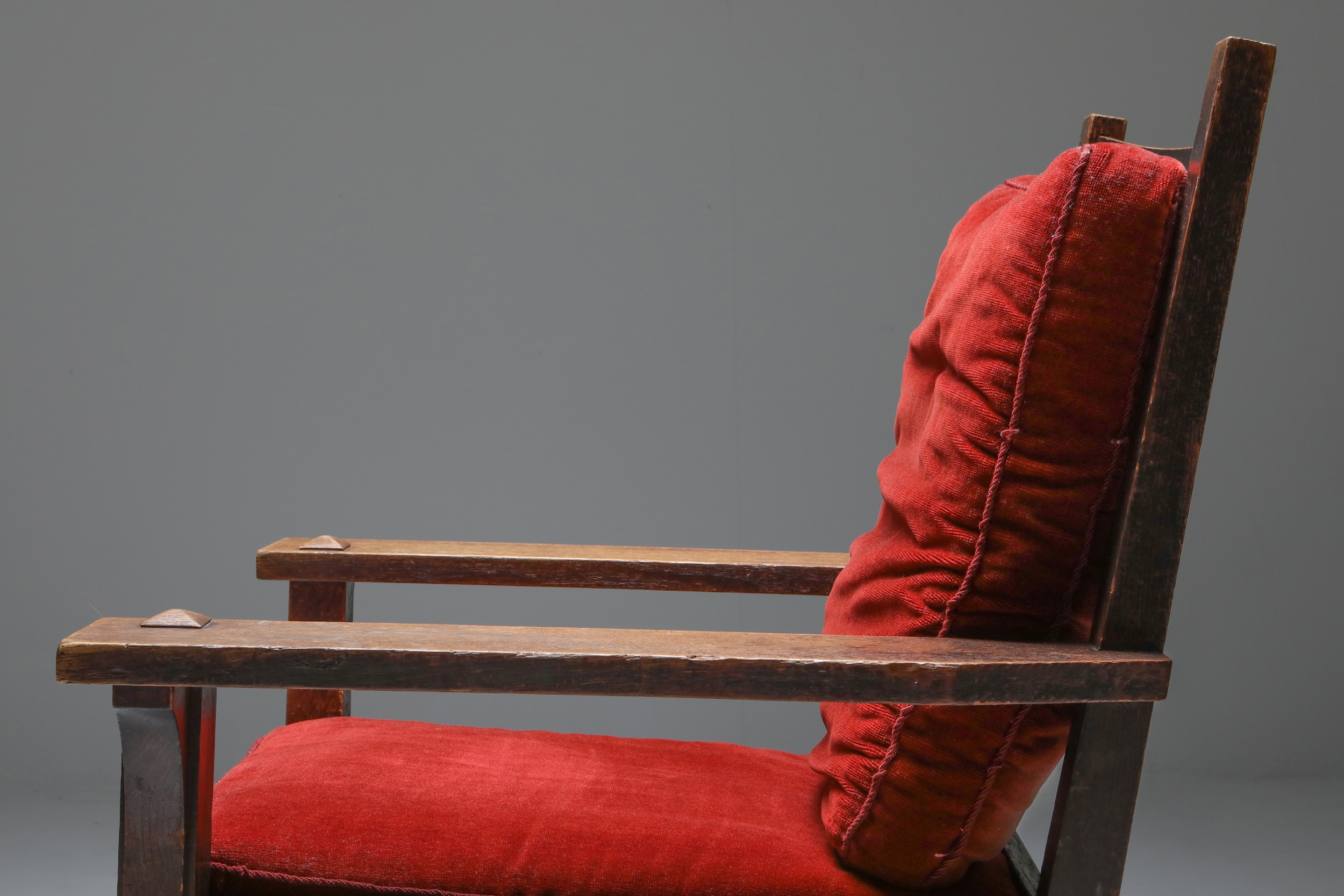 Gustav Stickley Oak Armchair with Red Velvet - 1900s