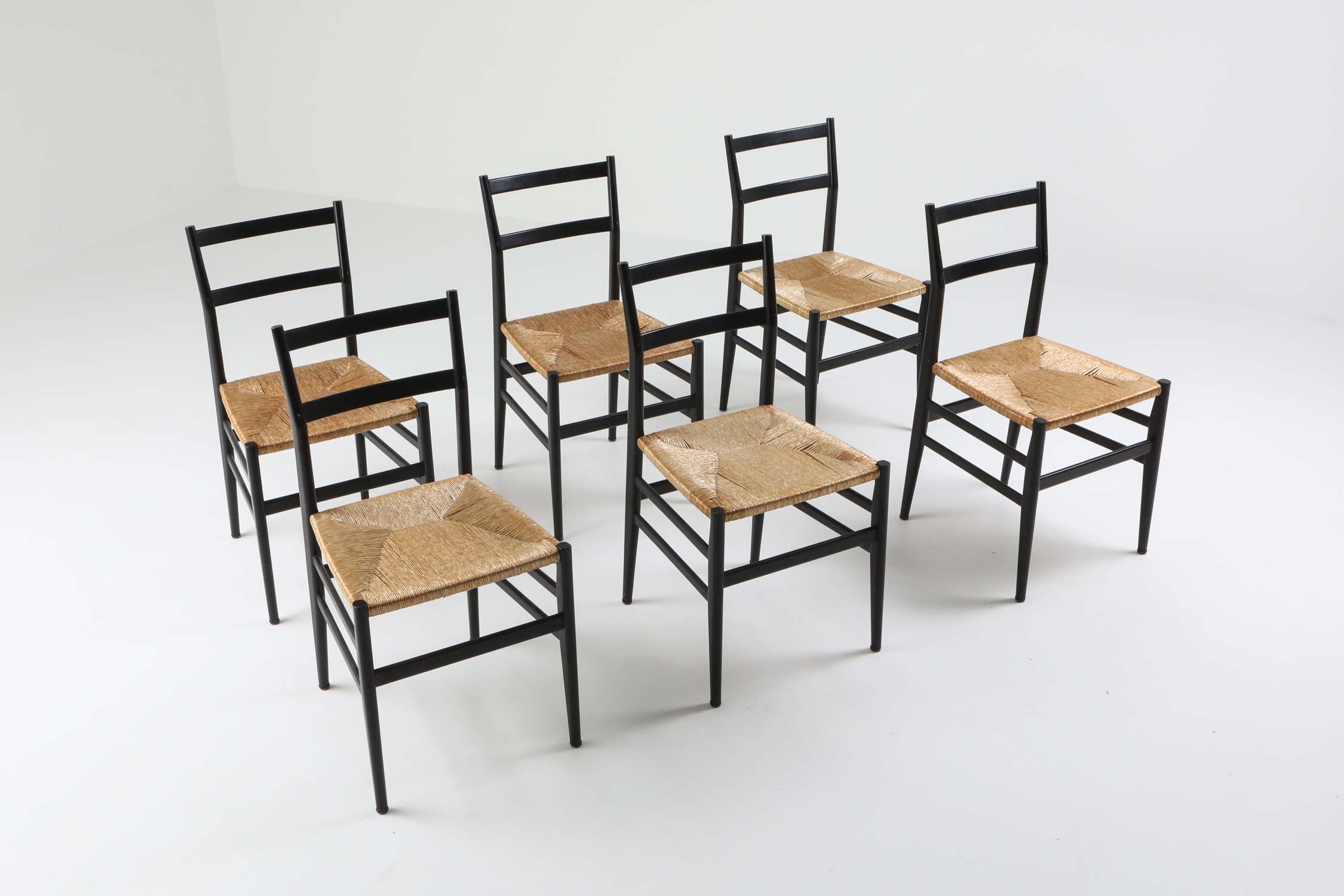 Gio Ponti Leggera dining chairs black and cord - 1980's