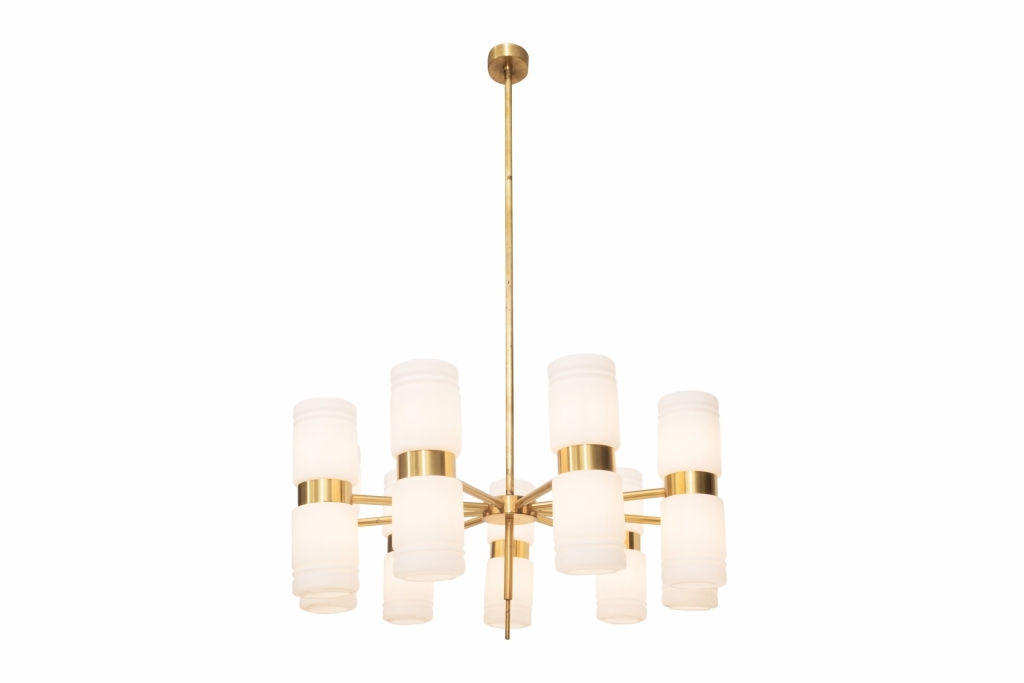 Brass and Opaline Glass Chandelier, Hans Agne Jakobsson - 1960s
