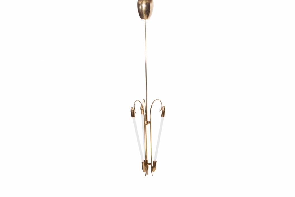 Brass Chandelier With Fluorescent Tube Light, Kaiser - 1940s