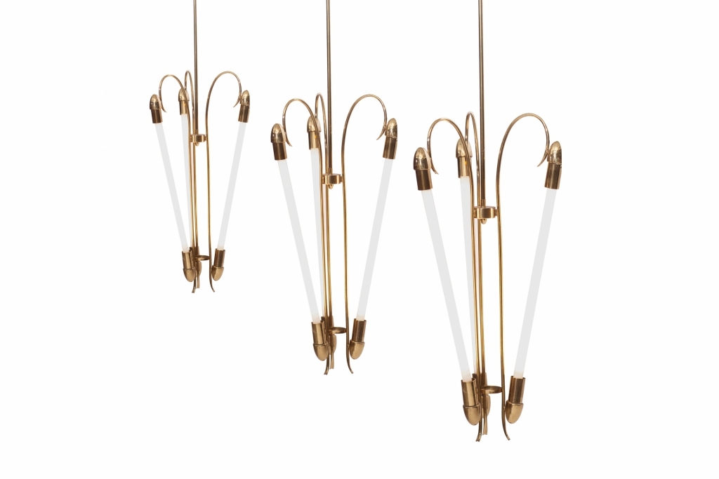 Brass Chandelier With Fluorescent Tube Light, Kaiser - 1940s