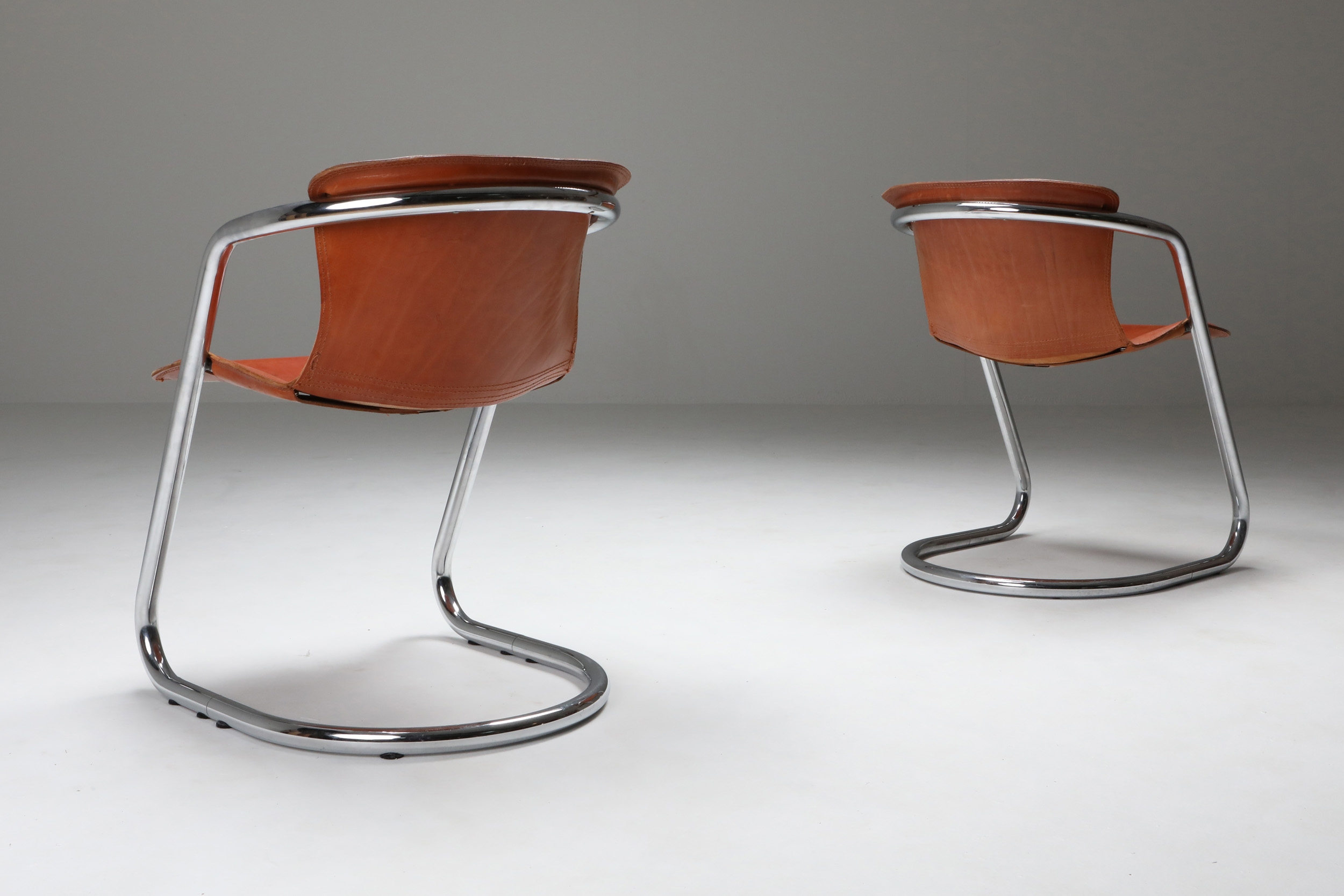 Willy Rizzo tan leather chairs for Cidue - 1970s