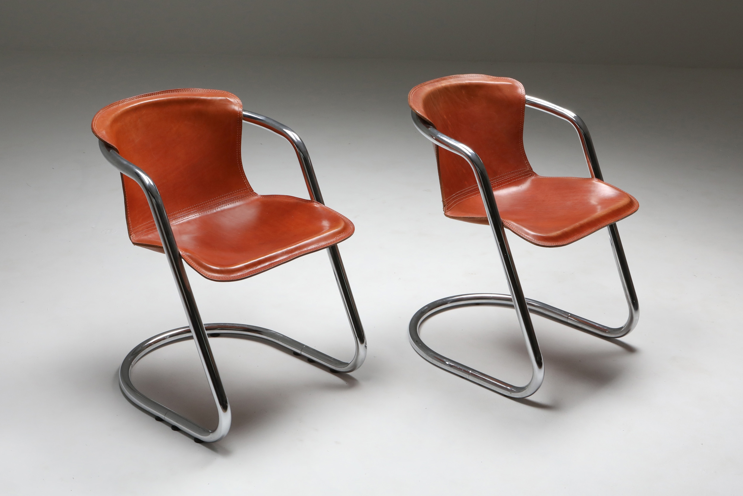 Willy Rizzo tan leather chairs for Cidue - 1970s