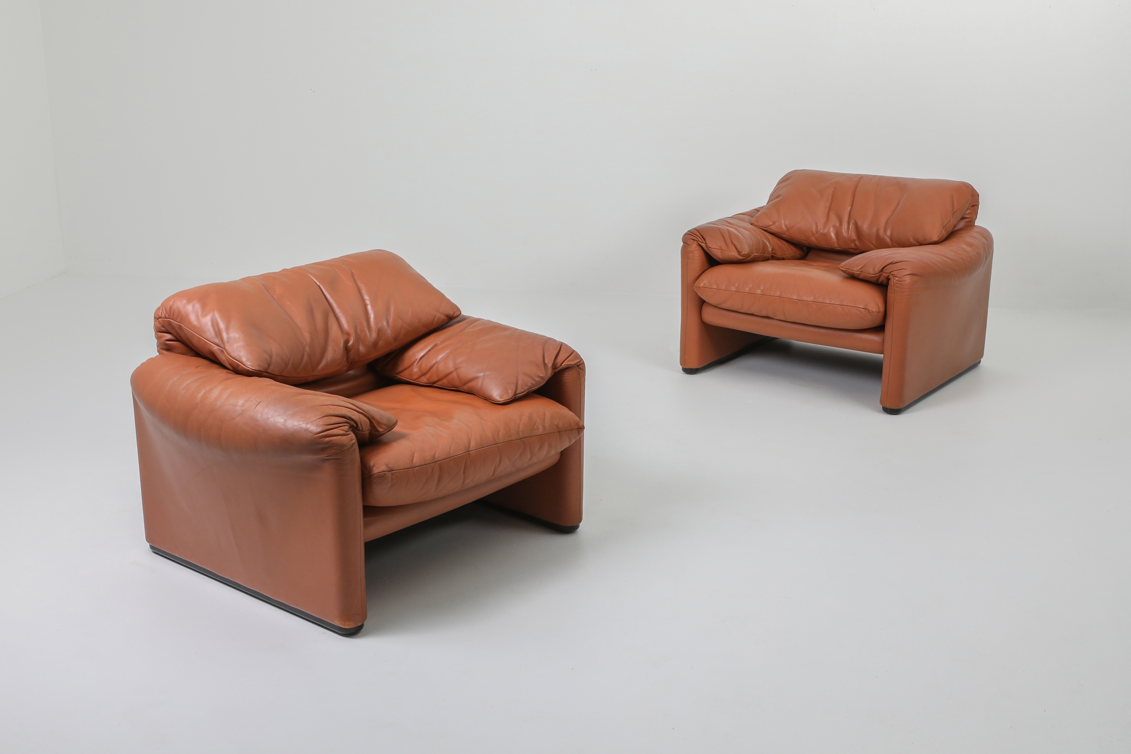 Maralunga Cognac Leather Club Chairs by Vico Magistretti for Cassina - 1974