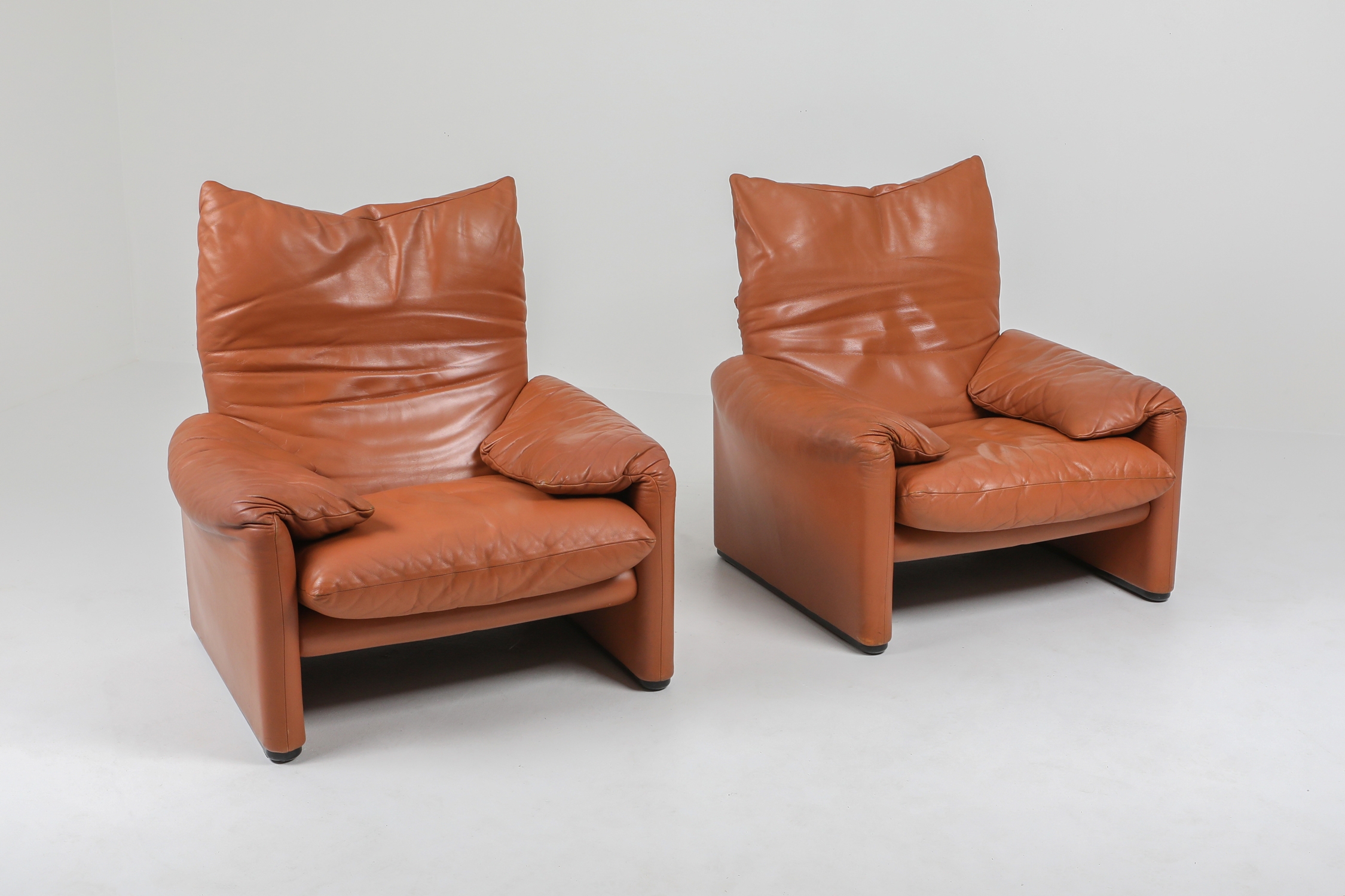 Maralunga Cognac Leather Club Chairs by Vico Magistretti for Cassina - 1974