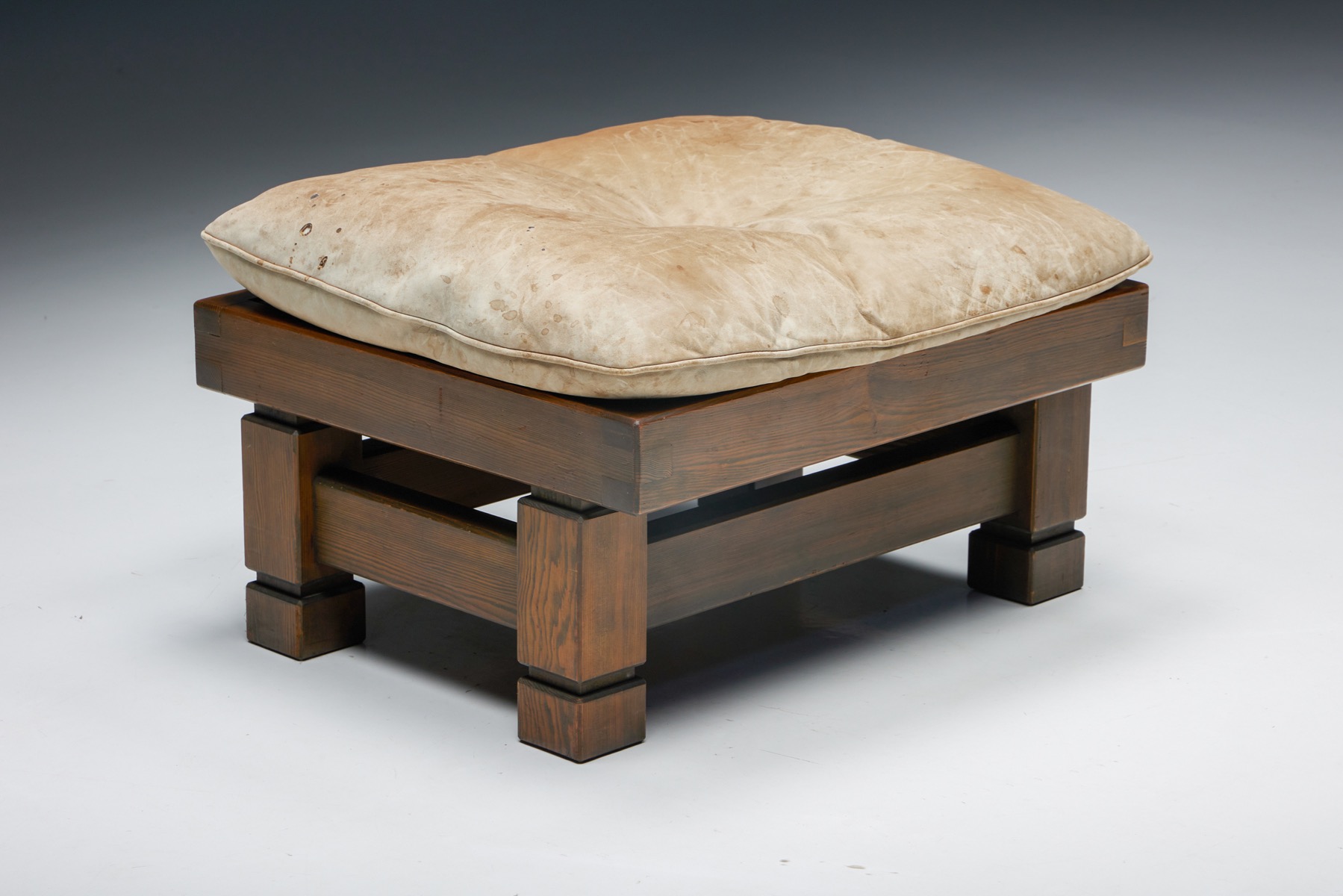 French Footstool with Leather Cushion - 1960s