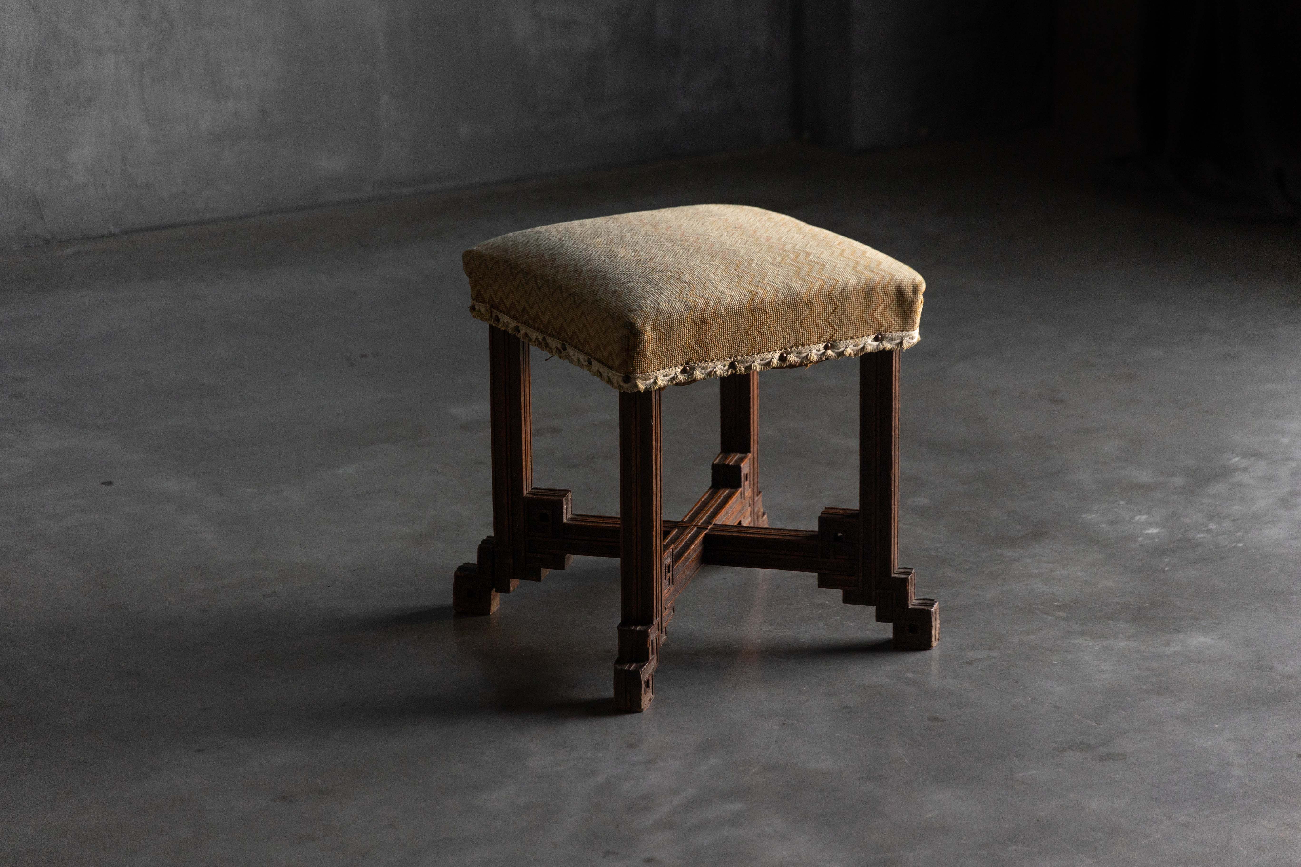 Geometric Carved Wooden Stool, France - Early 20th Century 