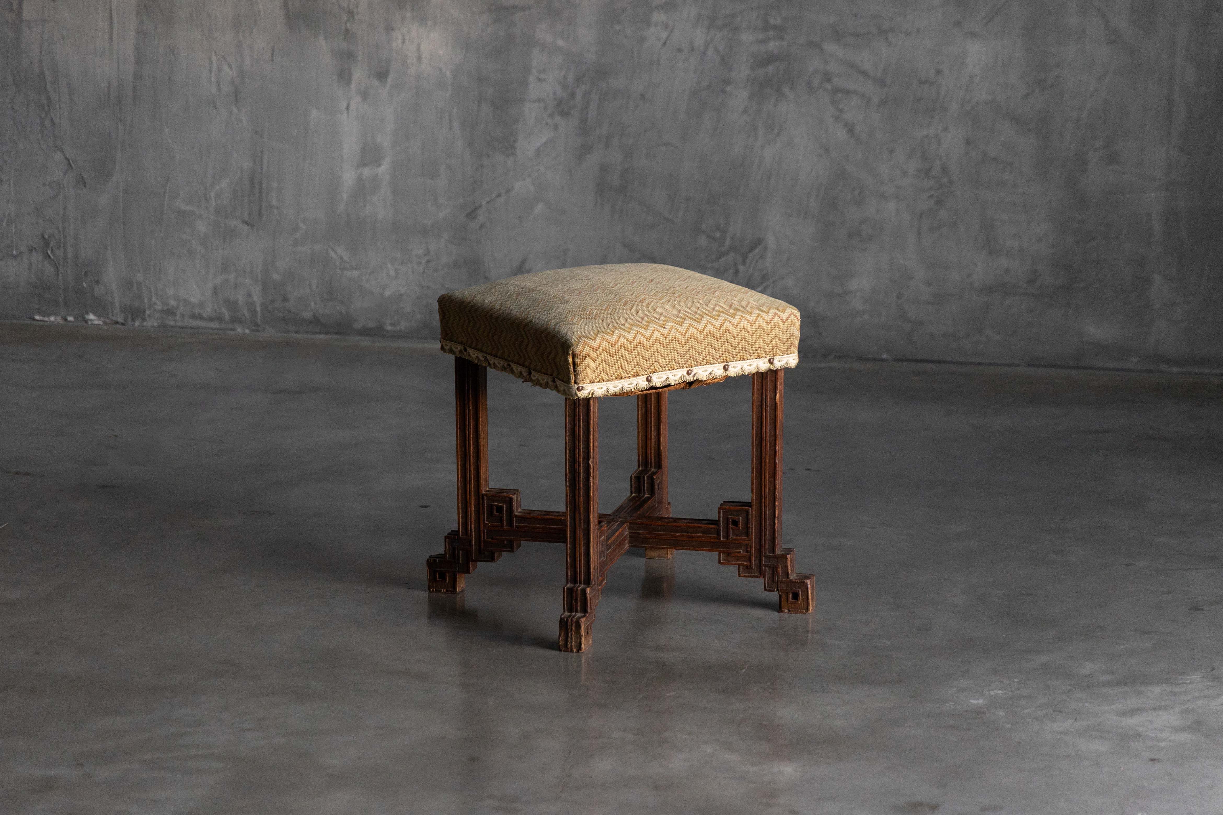 Geometric Carved Wooden Stool, France - Early 20th Century 