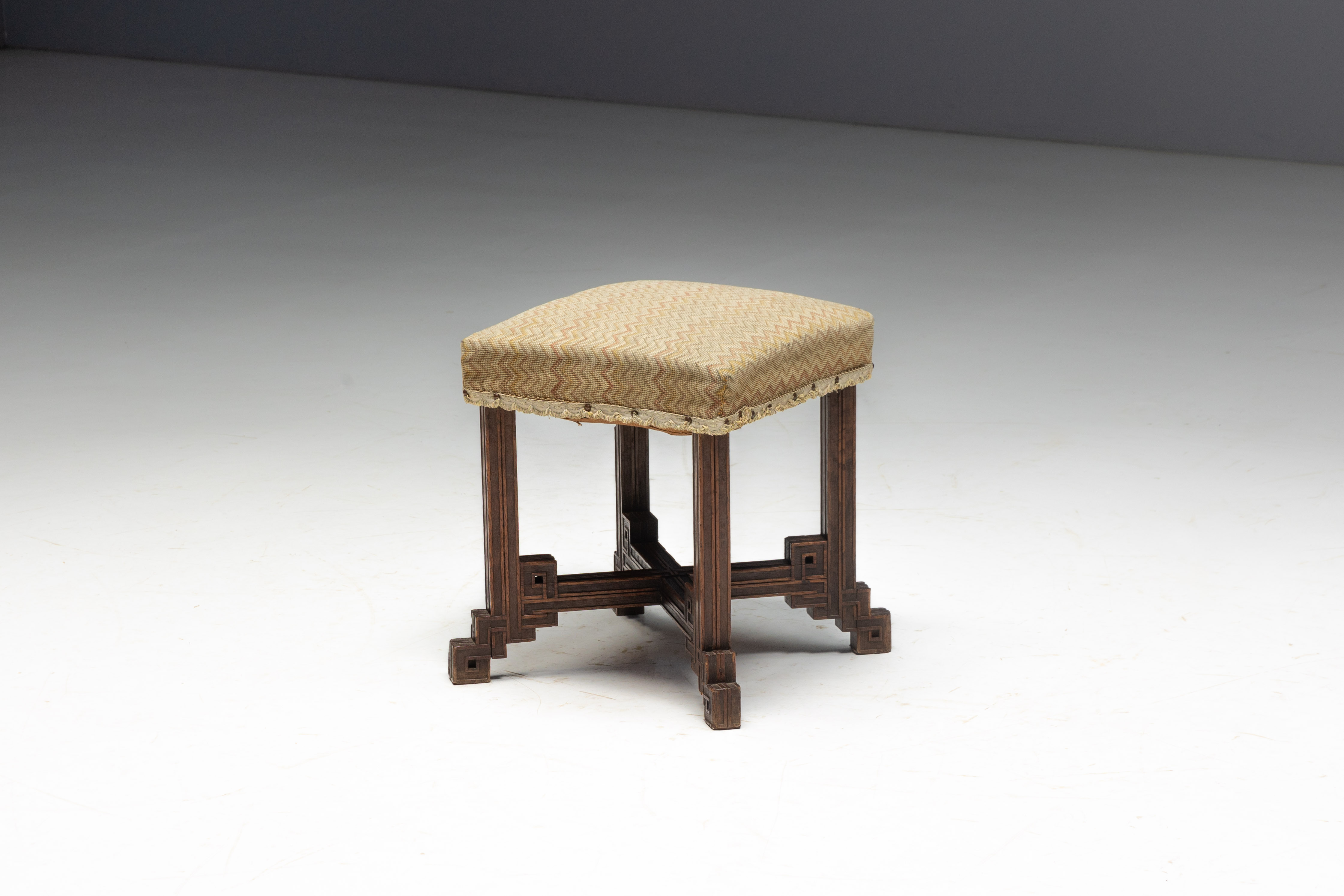 Geometric Carved Wooden Stool, France - Early 20th Century 