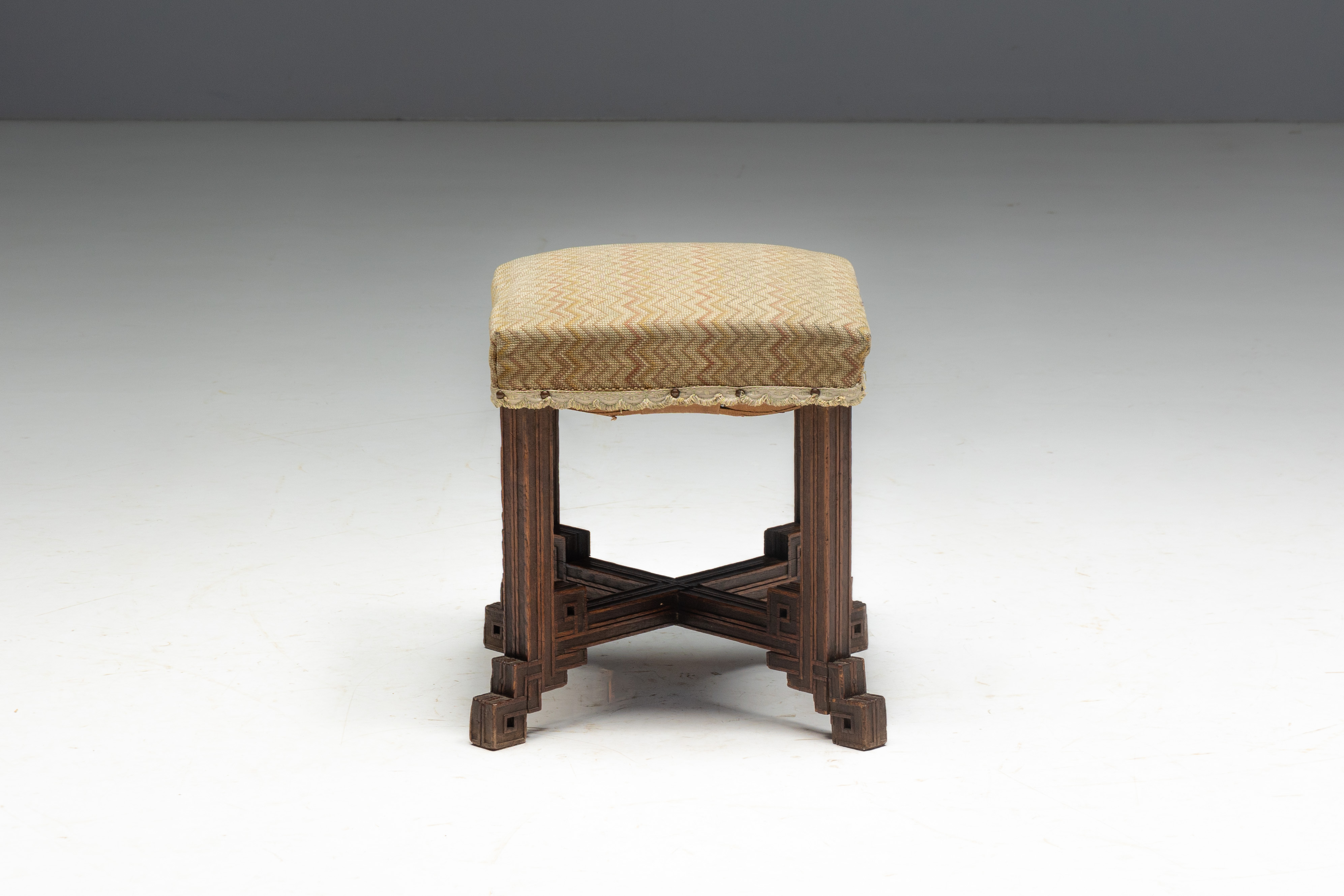 Geometric Carved Wooden Stool, France - Early 20th Century 