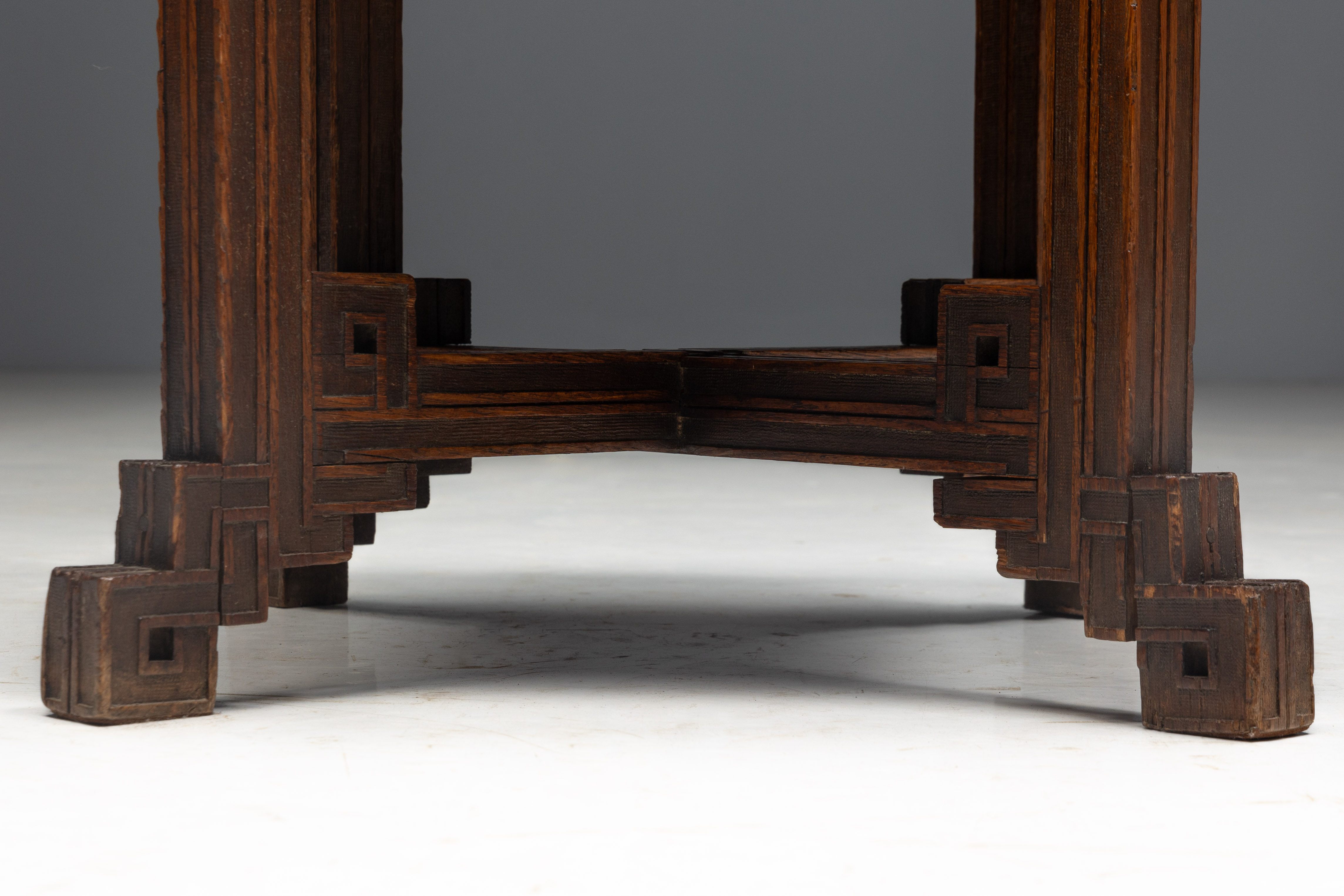 Geometric Carved Wooden Stool, France - Early 20th Century 