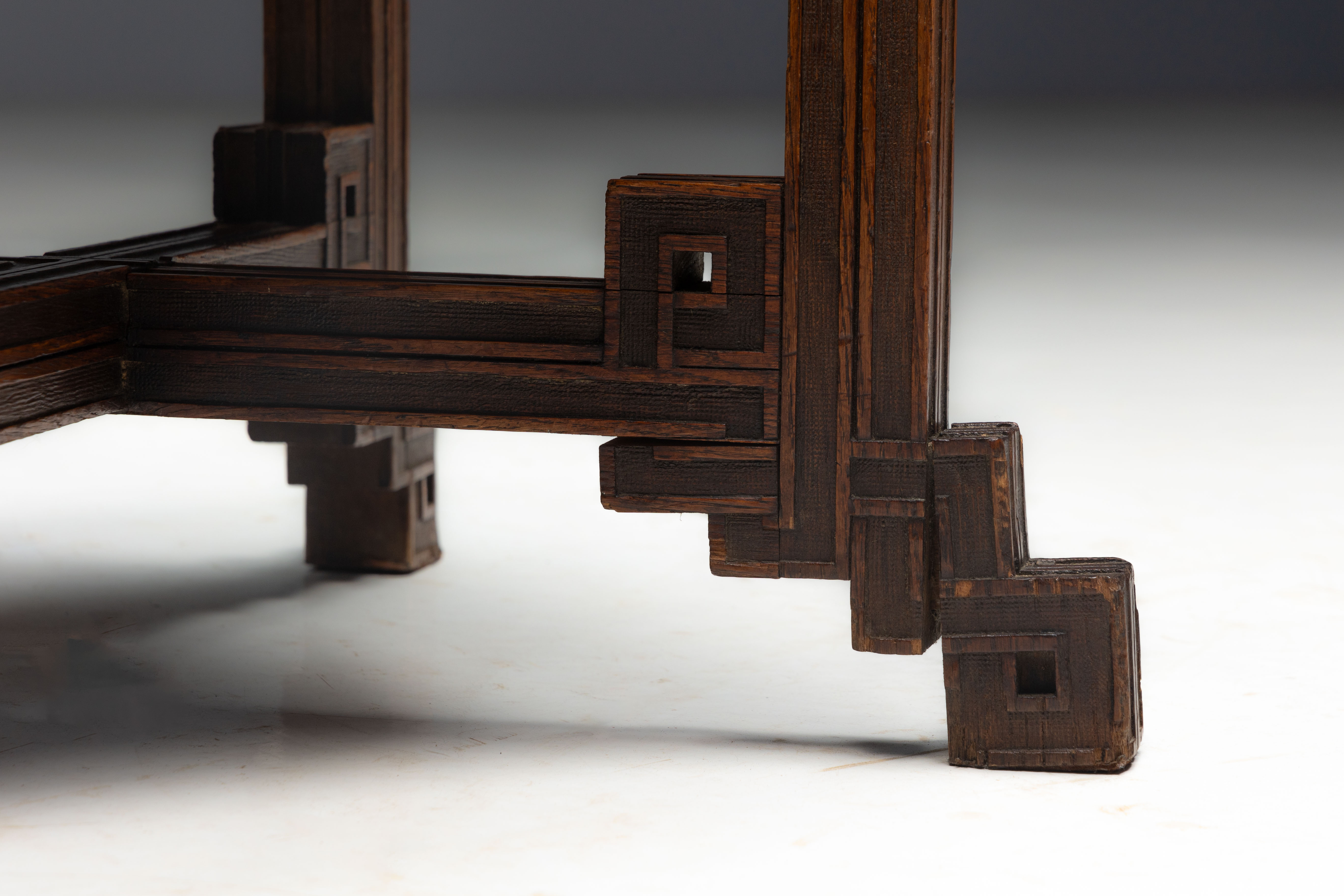Geometric Carved Wooden Stool, France - Early 20th Century 