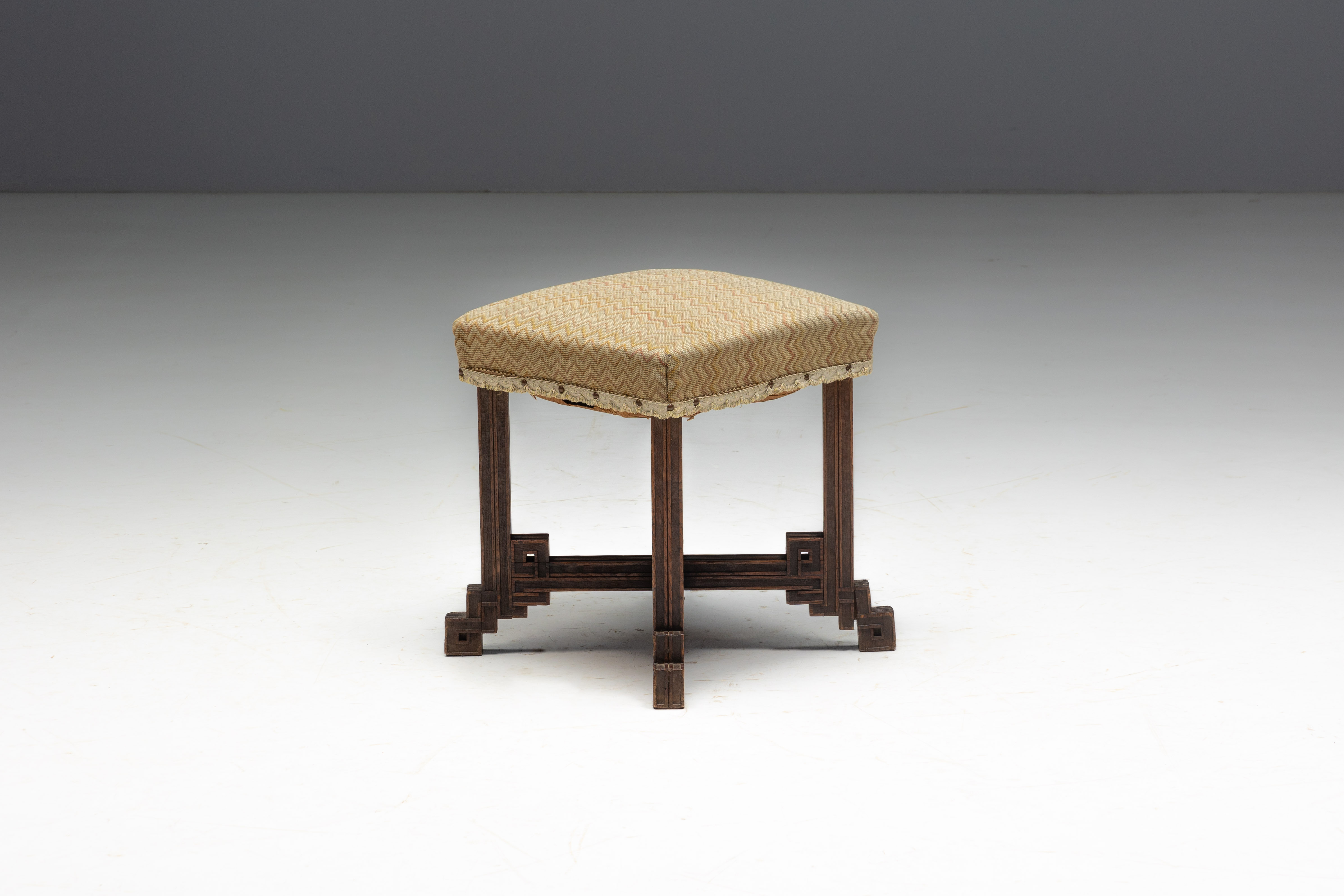 Geometric Carved Wooden Stool, France - Early 20th Century 