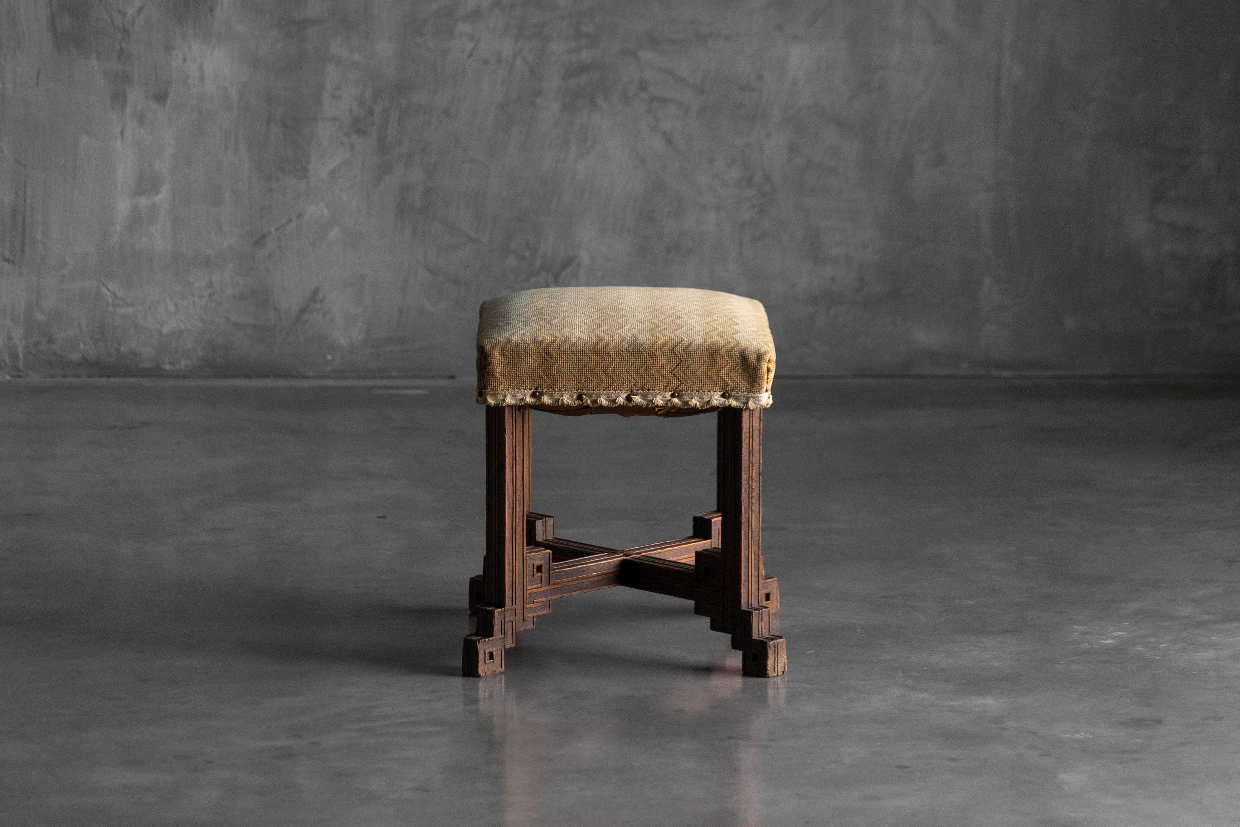 Geometric Carved Wooden Stool, France - Early 20th Century 