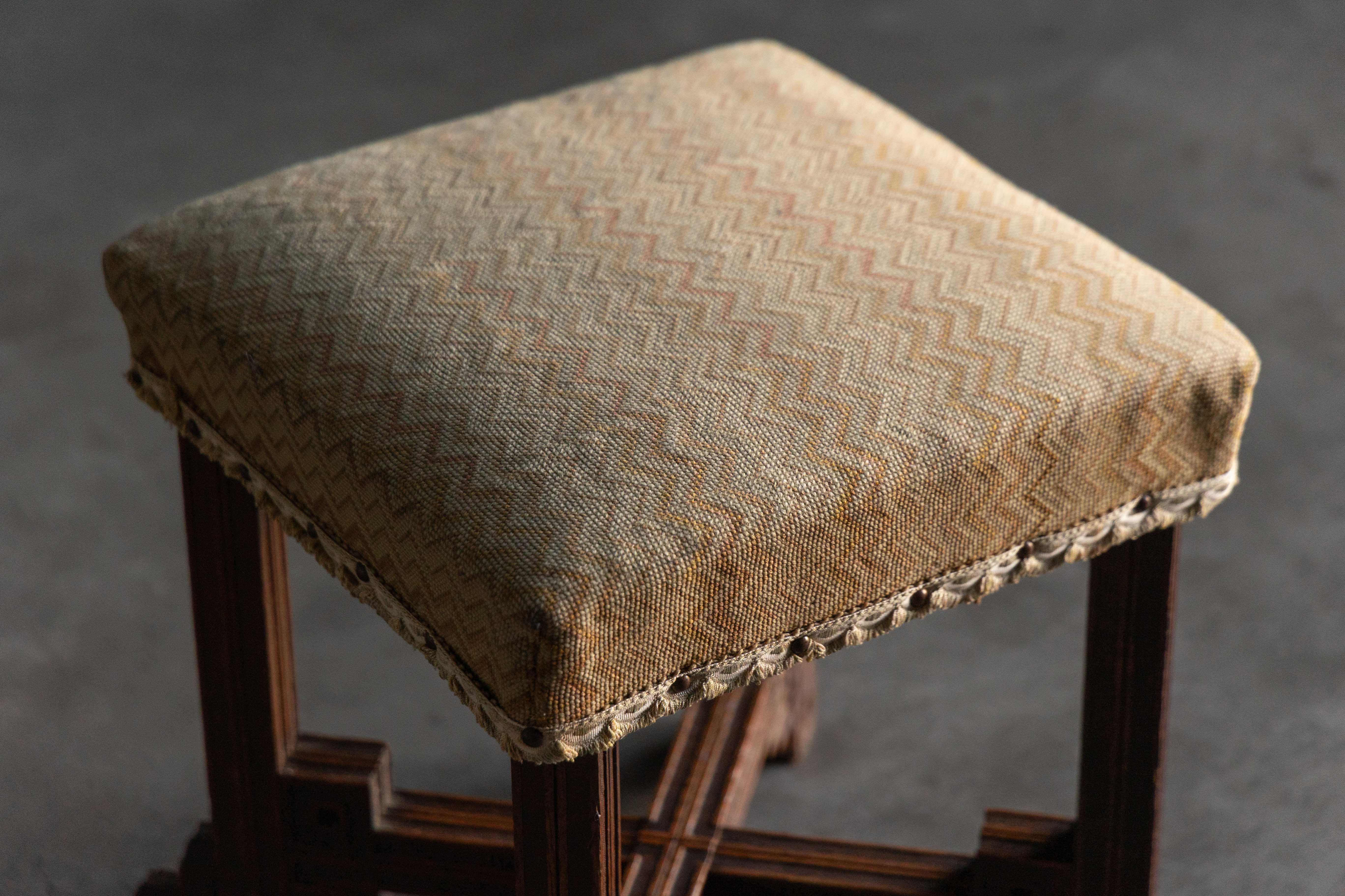 Geometric Carved Wooden Stool, France - Early 20th Century 