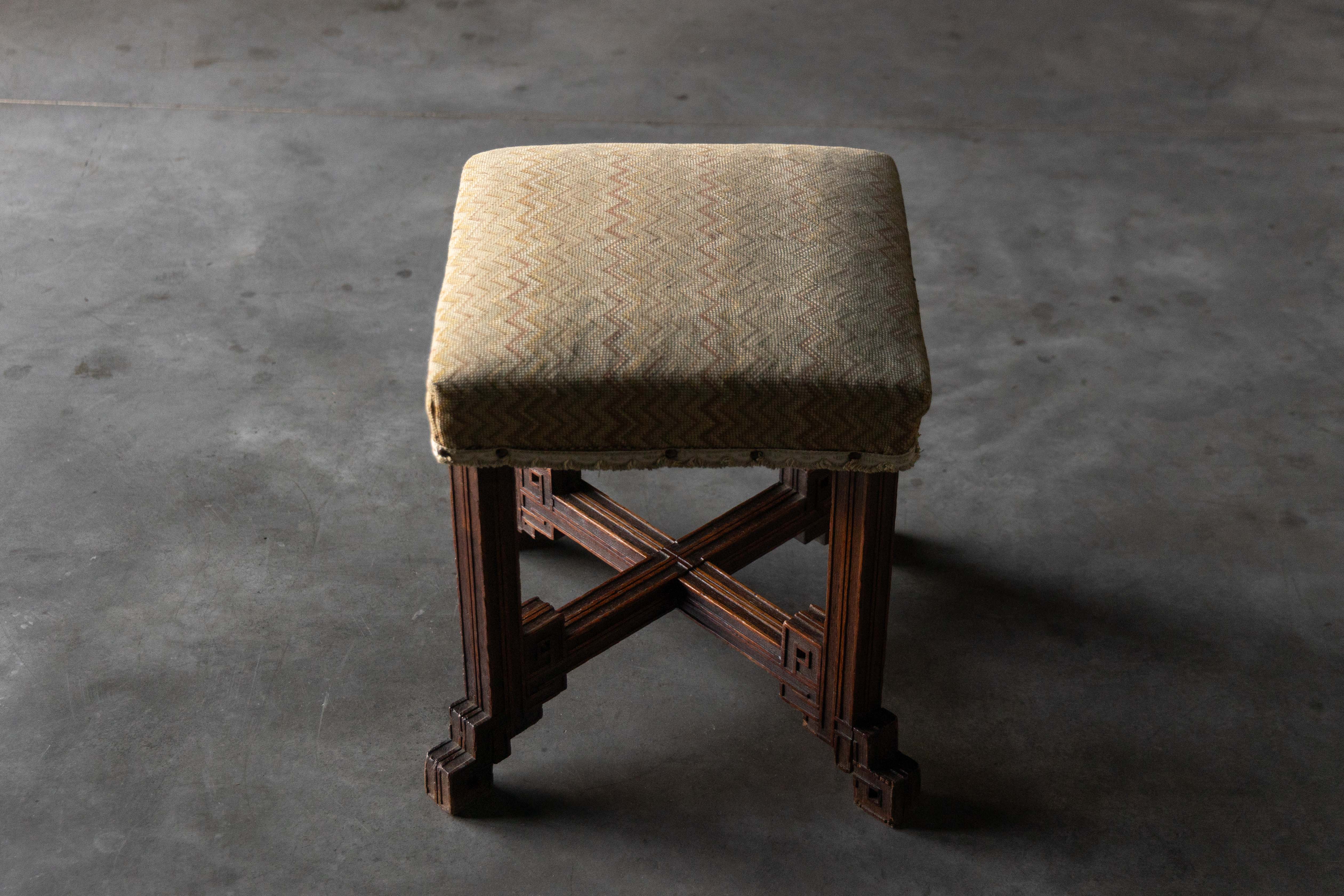 Geometric Carved Wooden Stool, France - Early 20th Century 