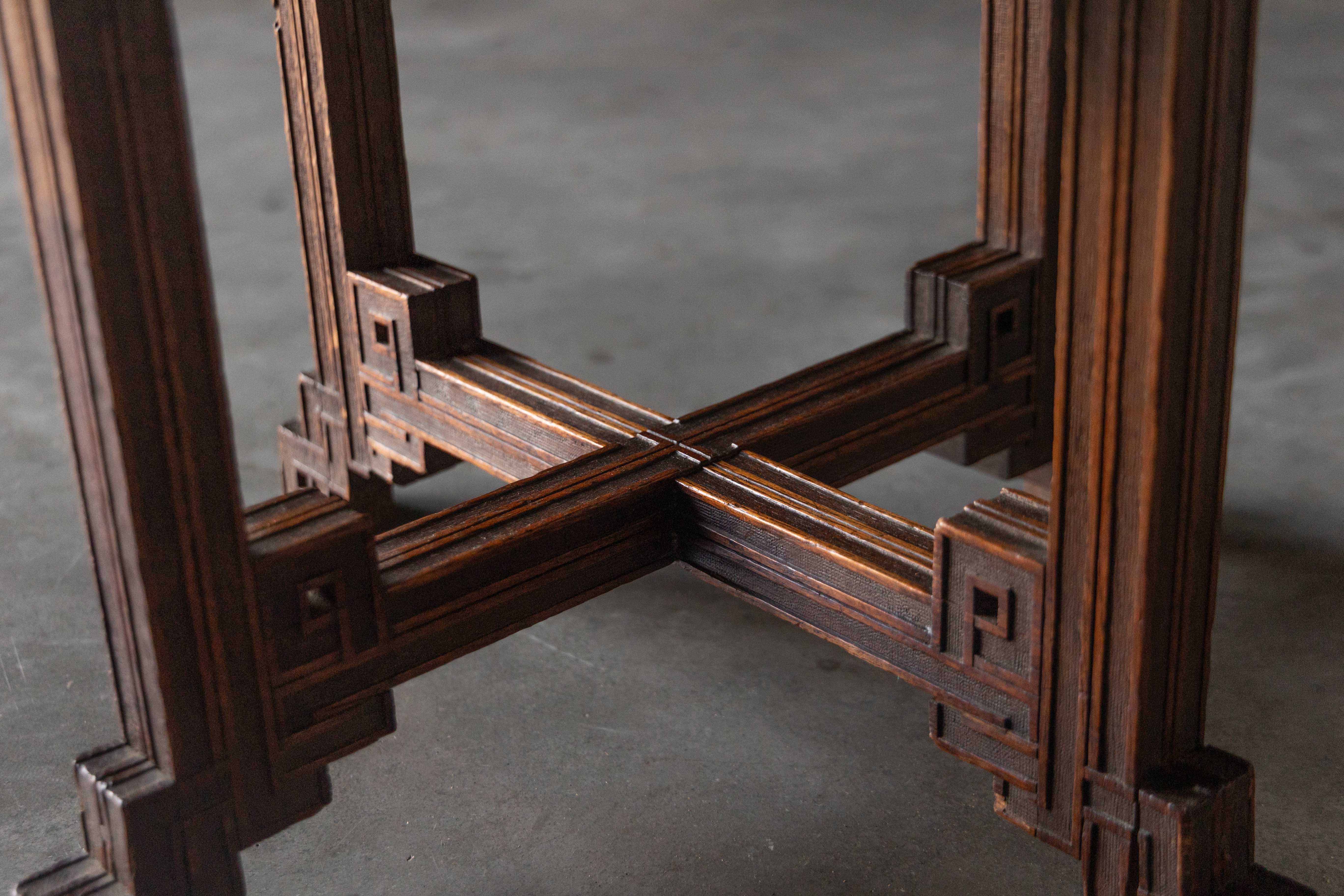 Geometric Carved Wooden Stool, France - Early 20th Century 